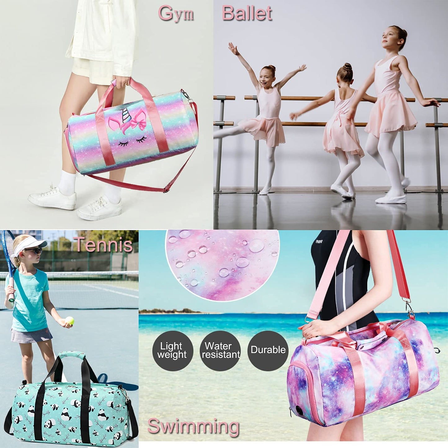 Dance Ballet Bag Girls Gymnastics Bag Overnight Duffle Bag Unicorn Sports Gym Bag with Shoe Compartments, Teens Sleepover Carry On Bag