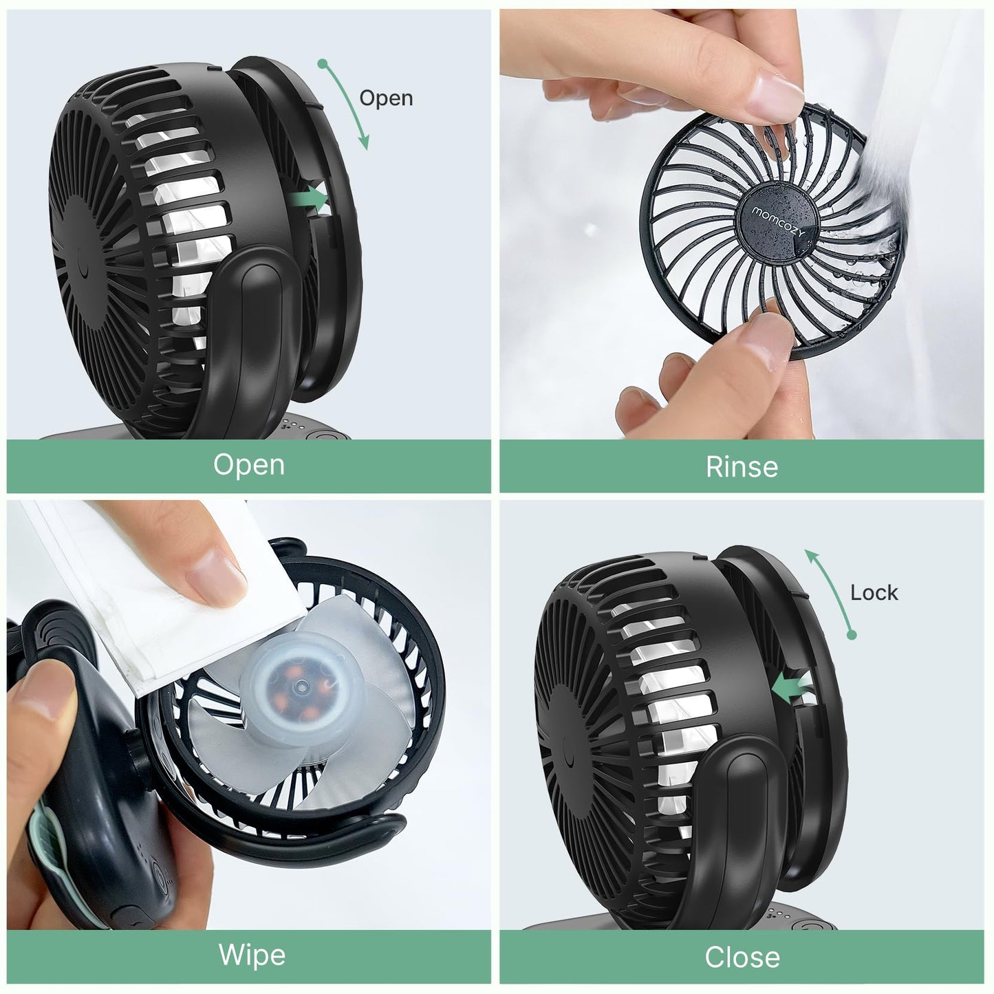 Momcozy Portable Fan with Clip | 4-Speed Mini-Fan for Carrier | Personal Fans Ultra Lighter 0.26lb | Gaps ≤4.5mm | Handheld Cooling | Rechargeable Rotate for Diaper Backpack/Stroller/Carrier/Chair