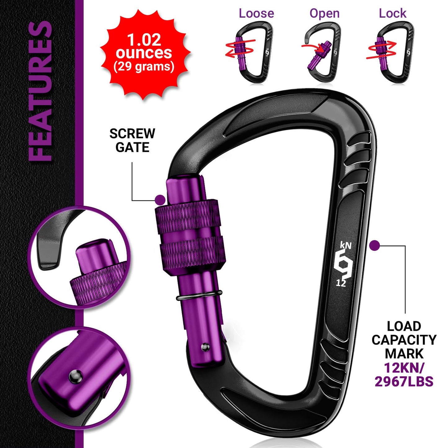 RHINO Produxs 2PCS of 12kN (2697 lbs) Heavy Duty Lightweight Locking Carabiner Clips - Excellent for Securing Pets, Outdoor, Camping, Hiking, Hammock, Dog Leash Harness, Keychains, Water Bottle