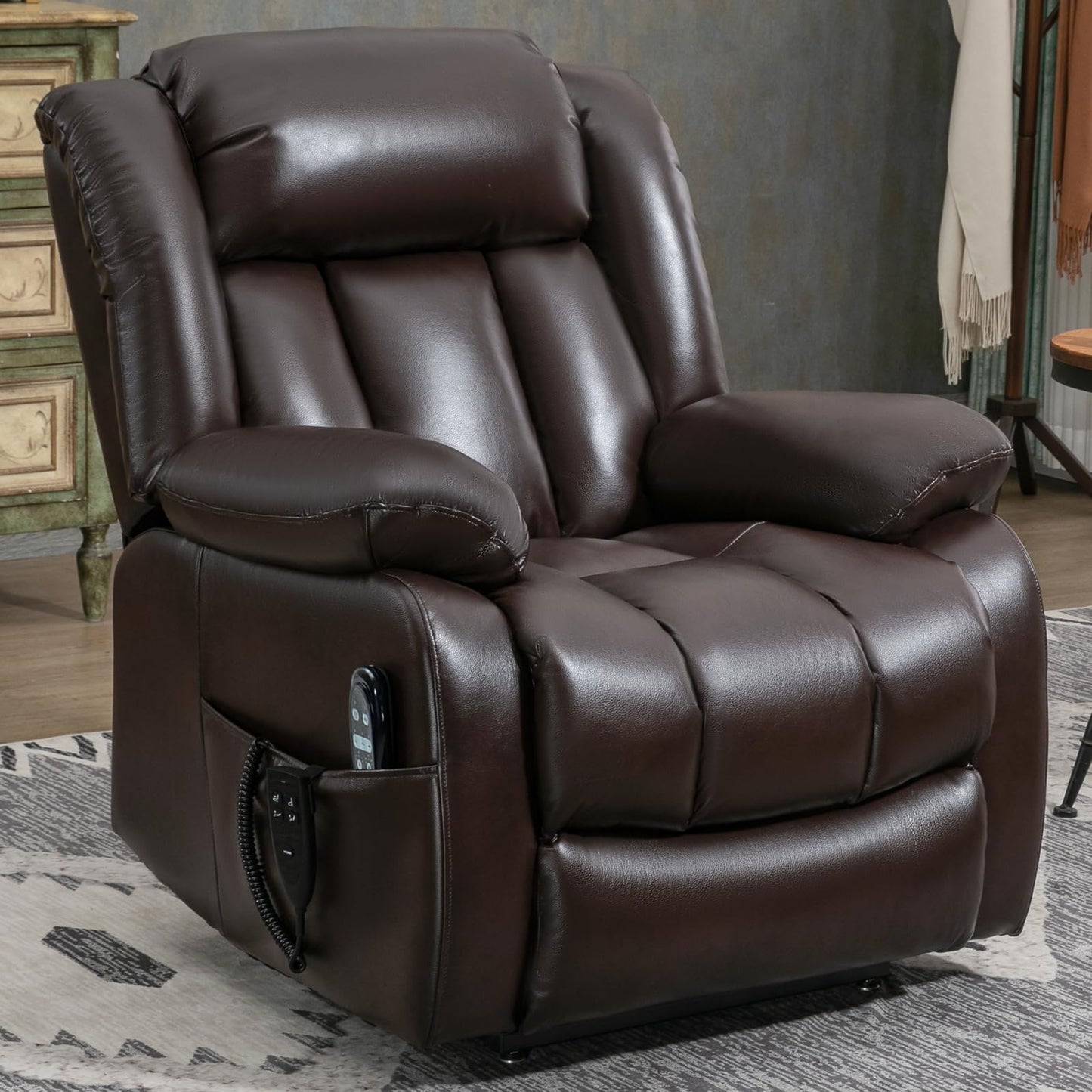 EZZUP Dual Motor Large Recliner with Massage and Heat, Power Lift Chairs for Elderly, Breathable Leather Recliner Chairs for Adults with 2 Remote Controls, Red Brown Big and Tall Recliner