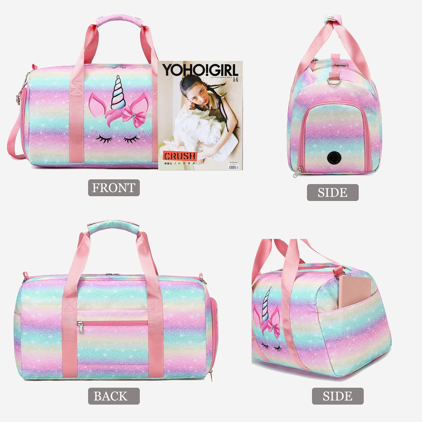 Dance Ballet Bag Girls Gymnastics Bag Overnight Duffle Bag Unicorn Sports Gym Bag with Shoe Compartments, Teens Sleepover Carry On Bag