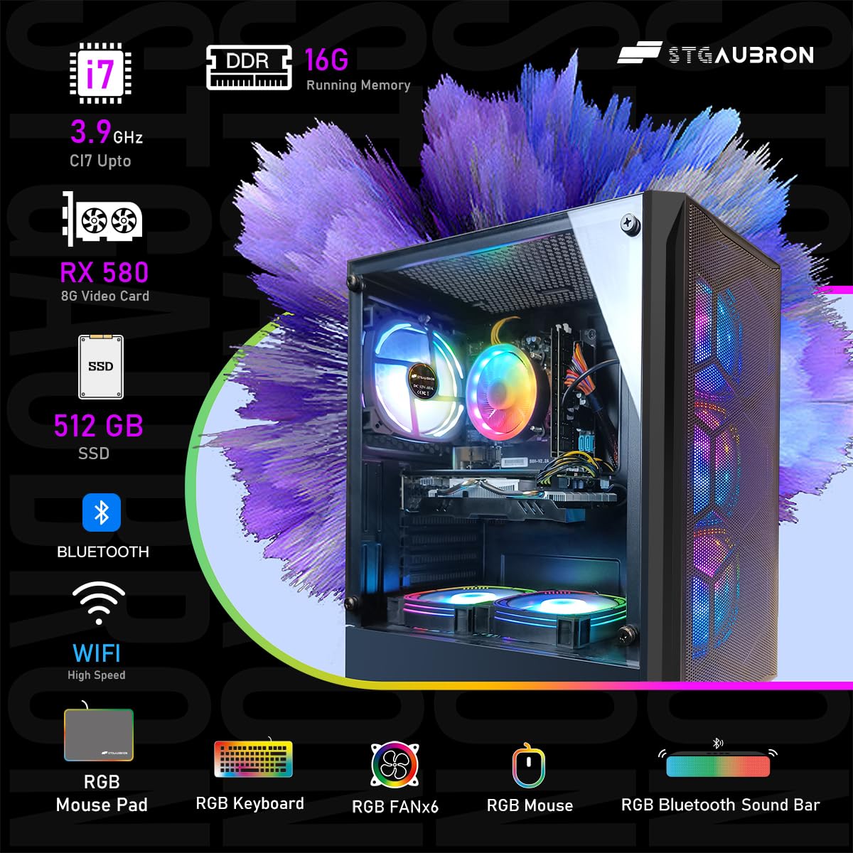 STGAubron Gaming PC Desktop Computer, Intel Core I7 up to 3.9 GHz, Radeon RX 580 8G, 16G RAM, 512G SSD, WiFi, Bluetooth 5.0, RGB Fan x6, RGB BT Sound Bar, Windows 10 Home