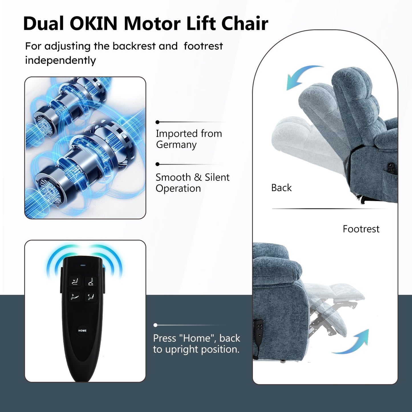 EZZUP Lay Flat Recliner with Vibration Massage and Lumbar Heating, 26'' Wide Chair with Infinite Position and 2 Remote Controls, Soft Chenille Lift for Living Room, Grayish Blue