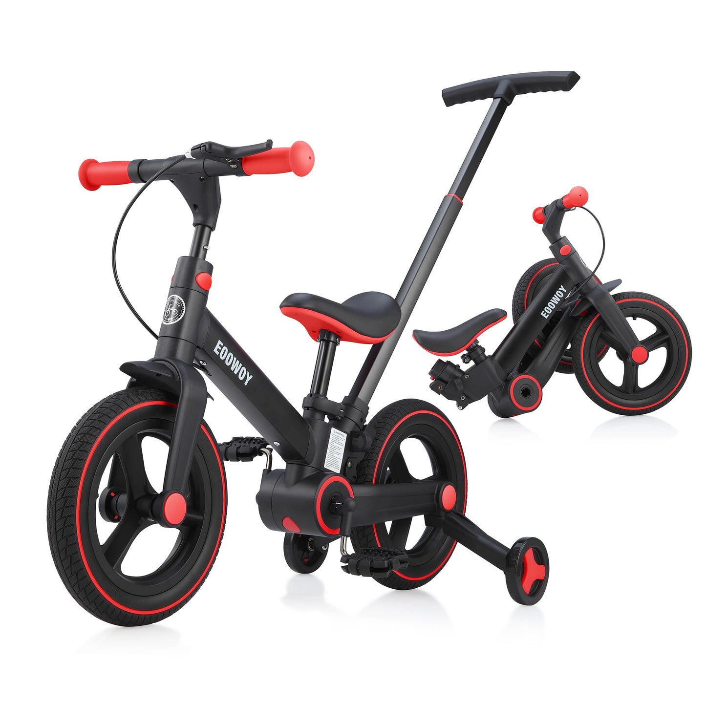 EOOWOY Balance Bike with Push Handle for Kids 18-60 Months, 6 in 1 Foldable Push Bike with Training Wheels & Pedals, Balance Bicycle for Boys and Girls with Brakes & Kickstand, Black