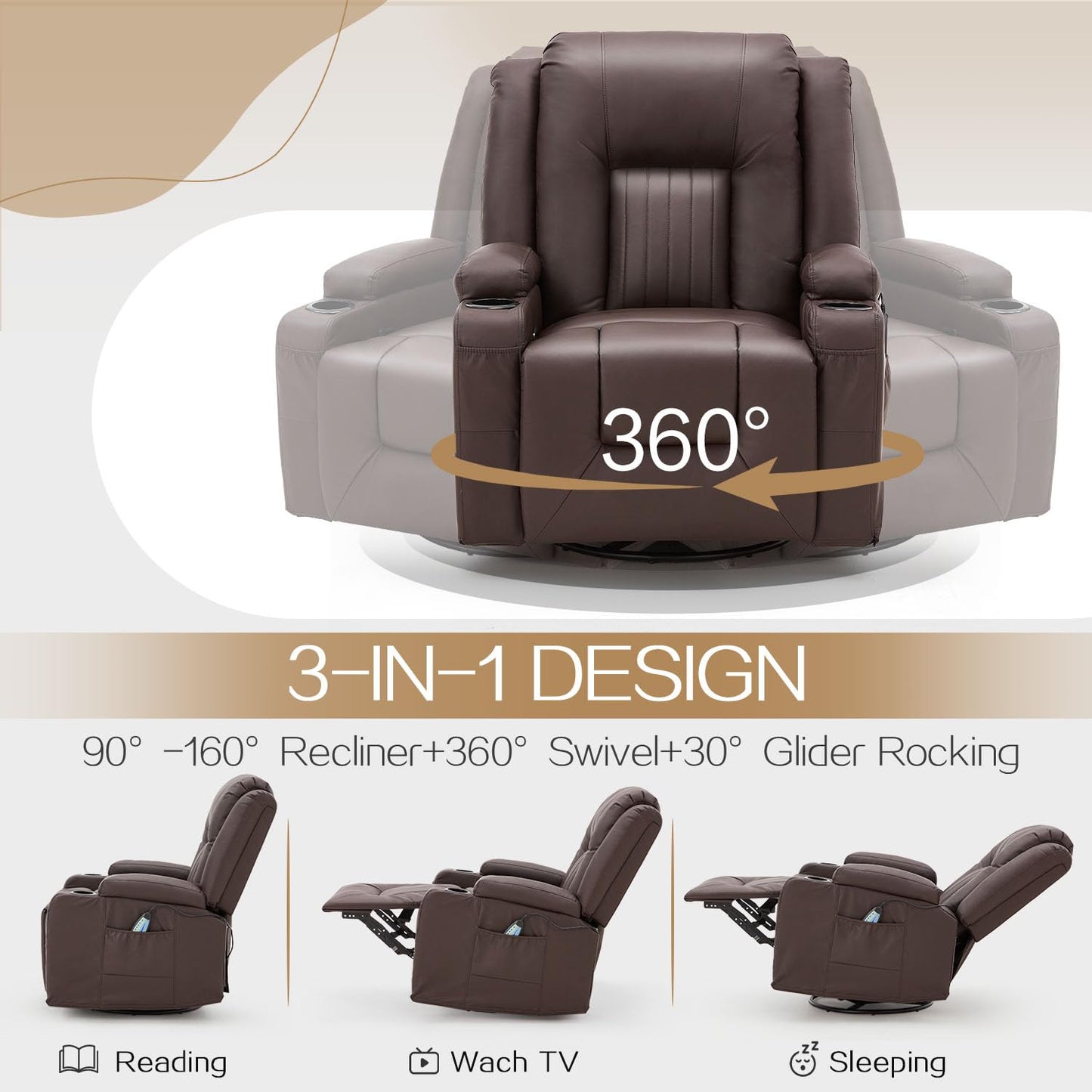 YODOLLA Massage Manual Recliner Chair with Heat, Leather Rocking Swivel Recliner Lazy Boy Recliner Chair w/ 2 Side Pockages, 2 Cup Holders for Living Room, RV, Brown