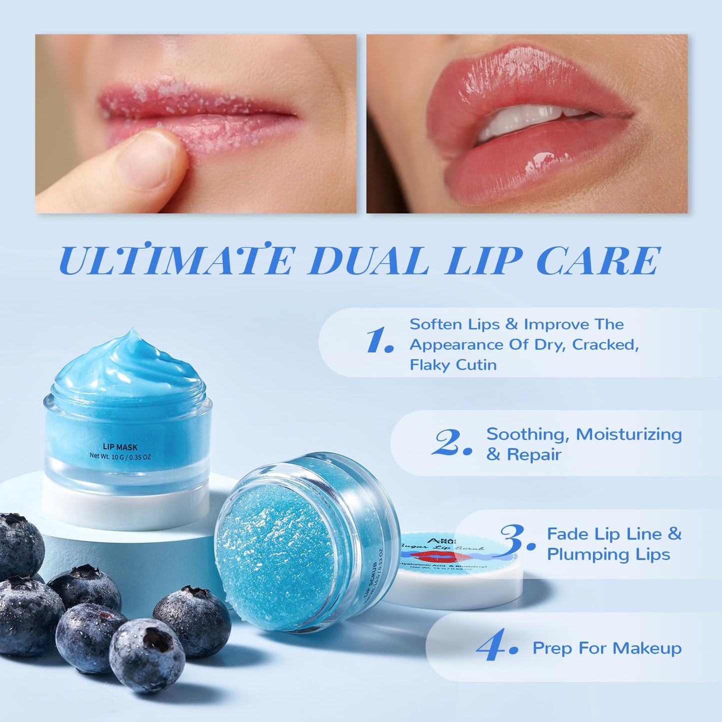 ANAI RUI Lip Therapy Set, Lip Scrub & Lip Mask, Overnight Moisturizing Lip Care Kit, Suagr Lip Exfoliator and Lip Sleeping Mask for A Soft Lips, Lip Gift Set for Dry, Chapped, Dark Lips, Blueberry