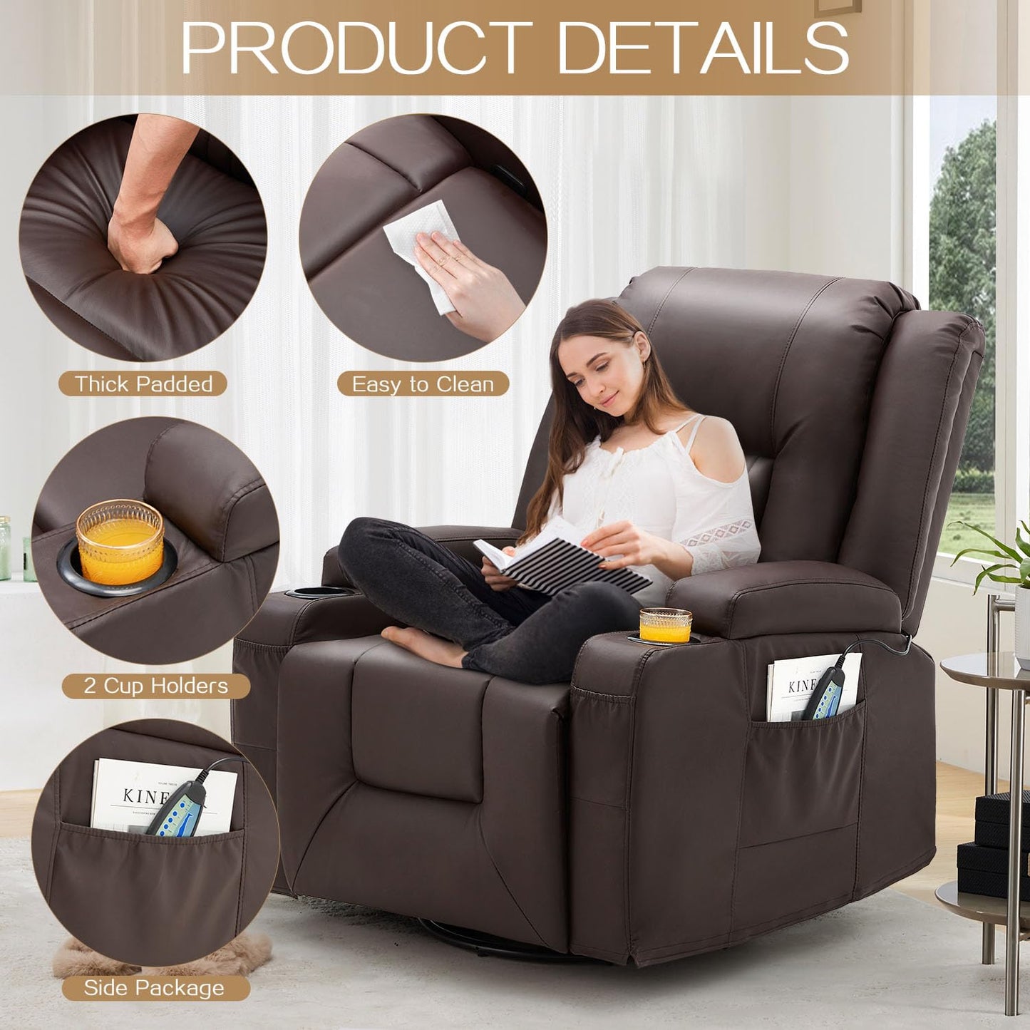 YODOLLA Massage Manual Recliner Chair with Heat, Leather Rocking Swivel Recliner Lazy Boy Recliner Chair w/ 2 Side Pockages, 2 Cup Holders for Living Room, RV, Brown