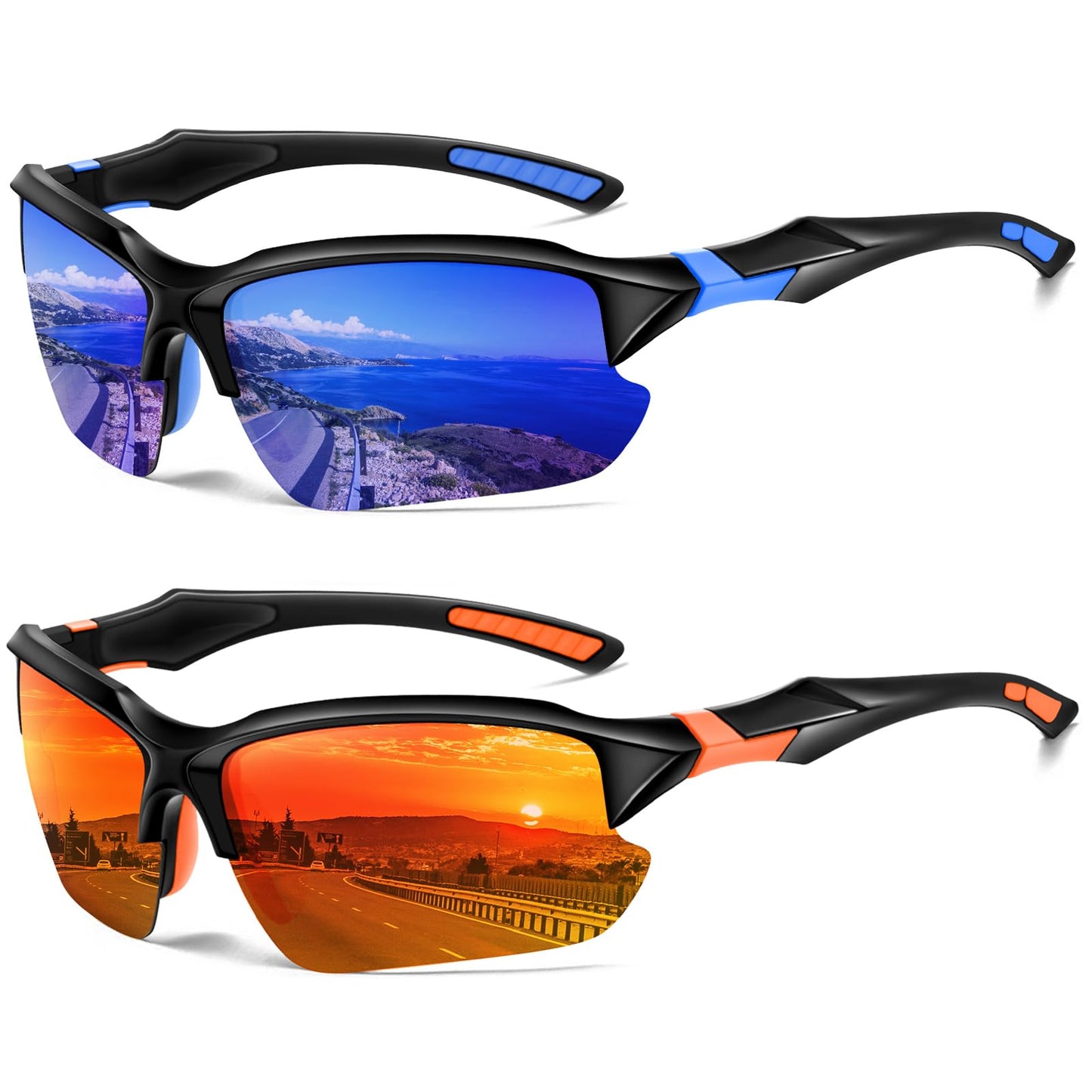 DioKiw 2PACK Sports Polarized Sunglasses for Men Cycling Running Fishing UV400 Protection Sun Glasses Lightweight Half Frame Goggles