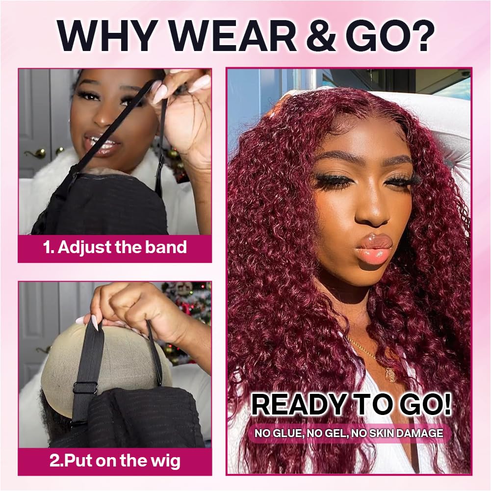 Ailwelia 99j Burgundy Wear And Go Glueless Wigs Bob Wigs For Black Women Deep Wave Bob Wig Human Hair 5x5 Hd Lace Closure Wigs Human Hair Curly Bob Wig Human Hair Preplucked 200 Density 12 Inch