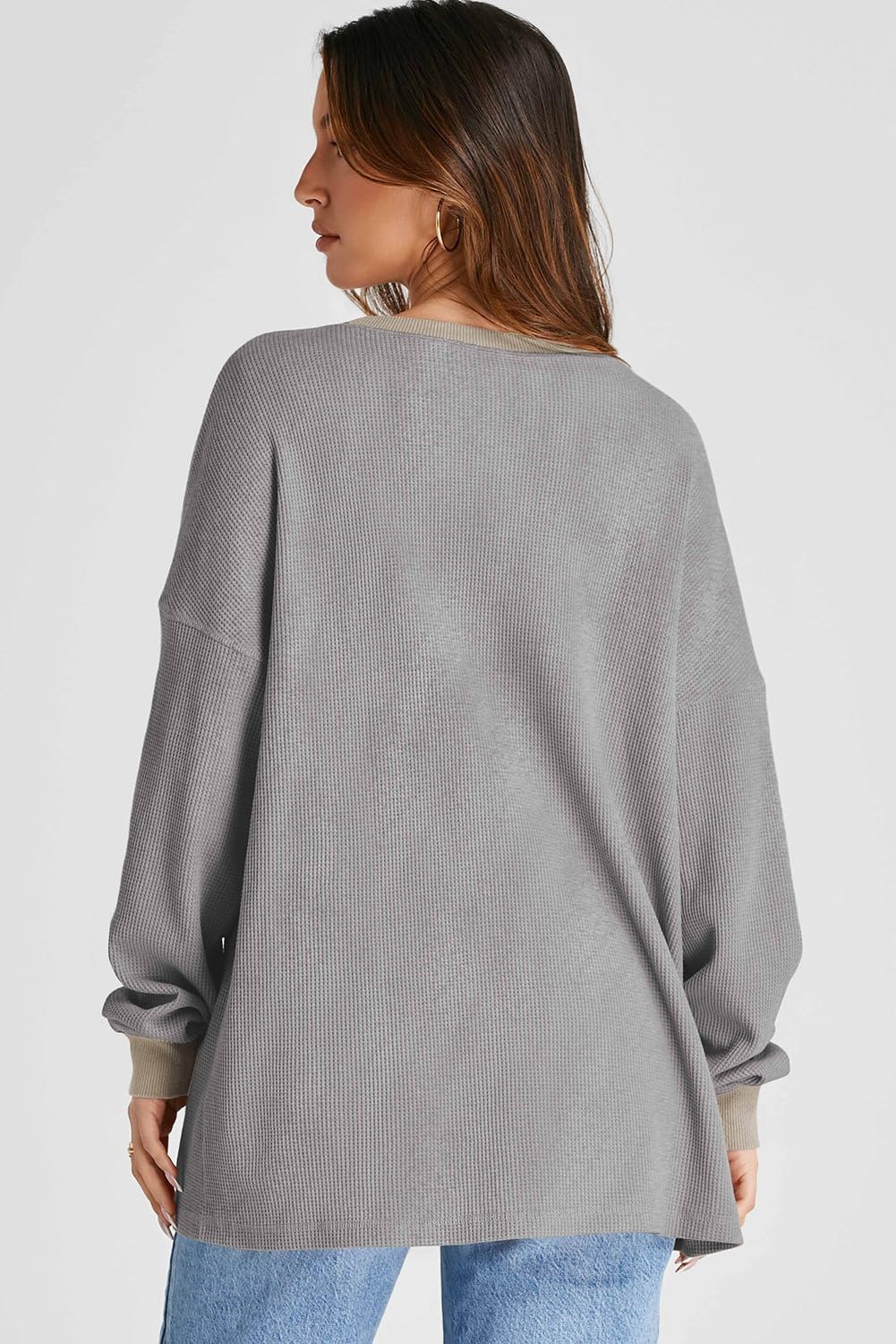 AlvaQ Women Sweatshirt 2024 Casual Long Sleeve Drop Shoulder Waffle Knit Overszied Sweatshirts Pullover Tunic Tops Fall Clothes Grey X-Large