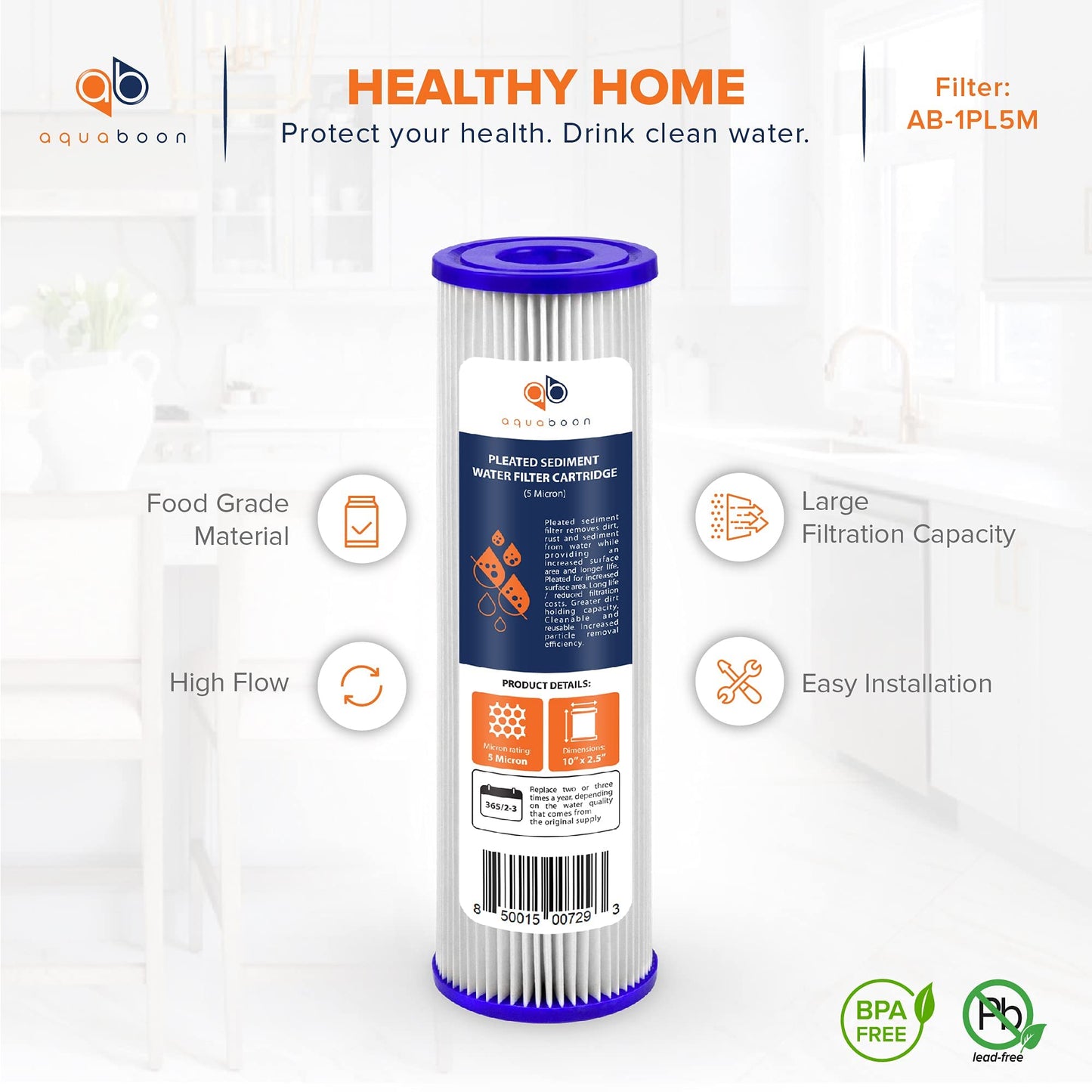 Aquaboon 5 Micron 10x2.5 Whole House Pleated Sediment Filter Cartridge for Well Water Filter Replacement Compatible with WFPFC3002, WHKF-WHPL, 25-Pack