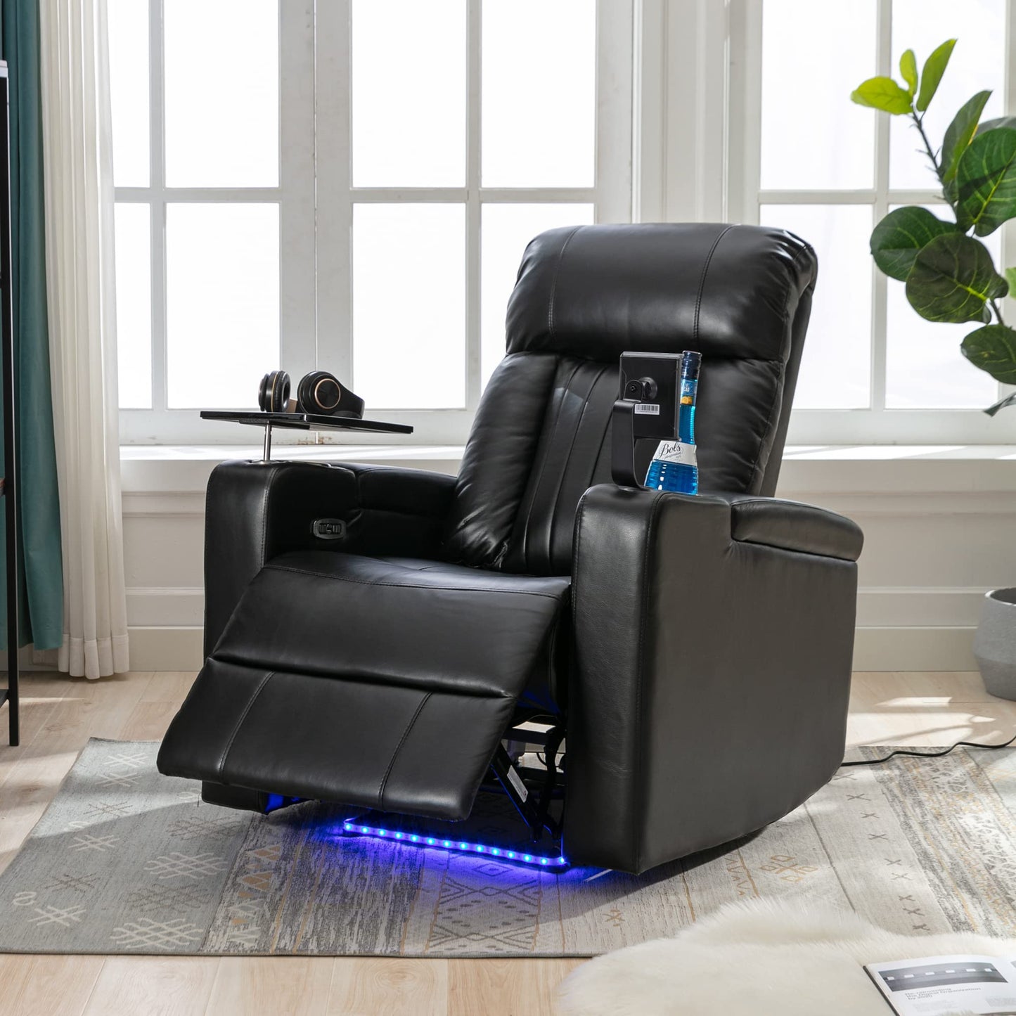 Merax Electric Recliner Chair with USB Charge Port, Hidden Arm Storage, Home Theater Seating with 2 Convenient Cup Holders Design, 360° Swivel Tray Table, Cell Phone Stand (Brown2) (Black2)