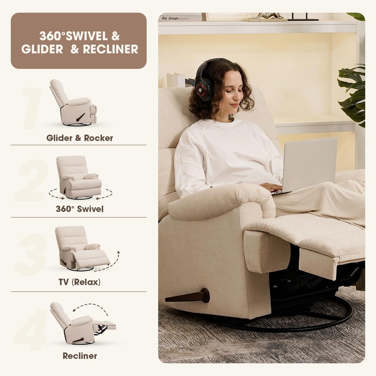 Divanus Large Glider Rocker Recliner,Beige Swivel Rocking Recliner Chair,Reclining Sofa Rocking Chair Nursery,23 Inches Deep Seat & 27 inches High Back,for Living Room, Bed Room (Beige)