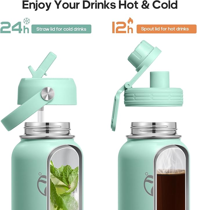 Insulated Water Bottles 40 oz with 2 Leak Proof Lids & Water Bottle Holder, Wide Mouth Sport Water Bottle with Straw, Reusable Stainless Steel Water Flask, Double Walled Vacuum Thermos
