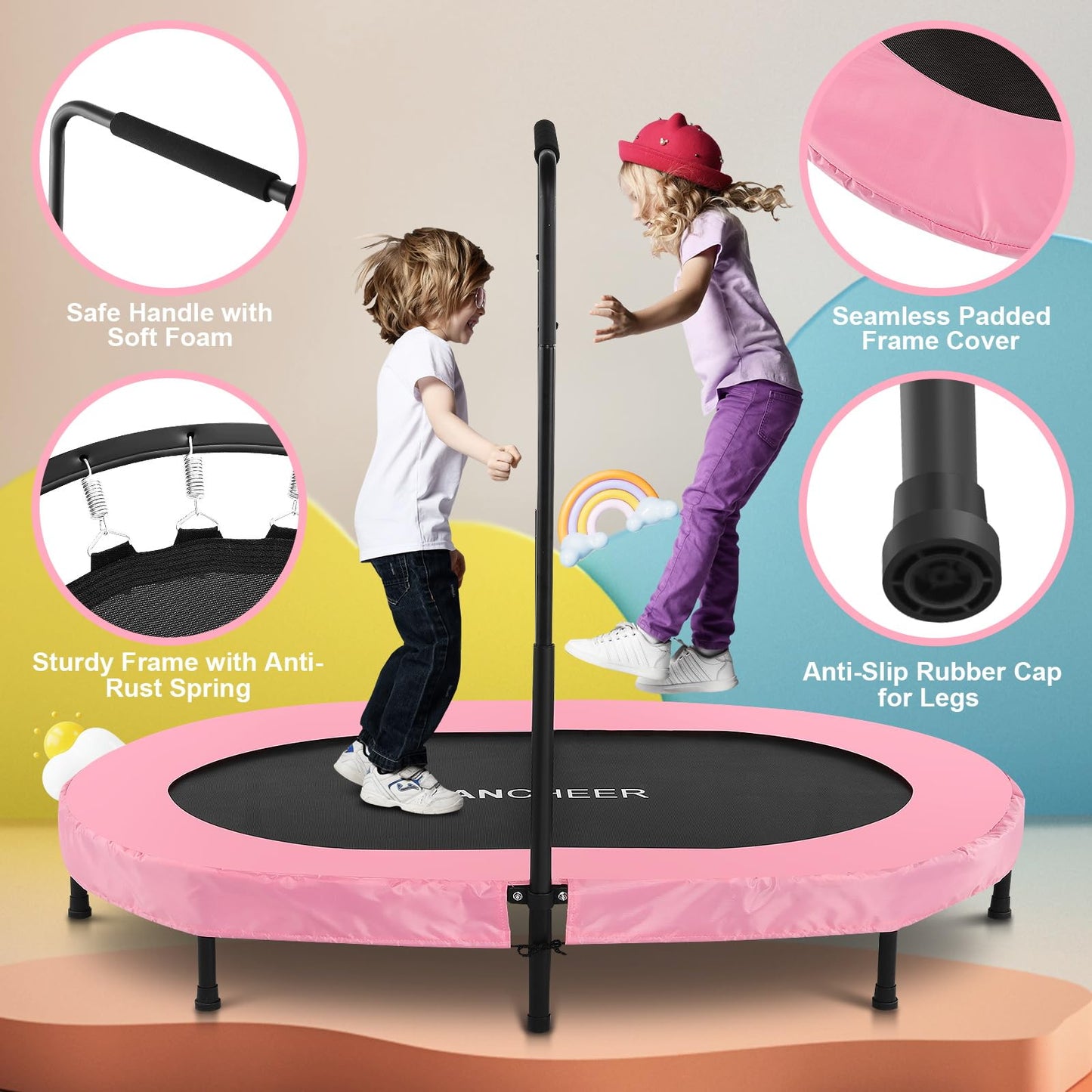 ANCHEER Foldable Trampoline, Mini Rebounder Trampoline with Adjustable Handle, Exercise Trampoline for Indoor/Garden/Workout Cardio, Parent-Child Twins Trampoline Max Load 220lbs (Training Pink)