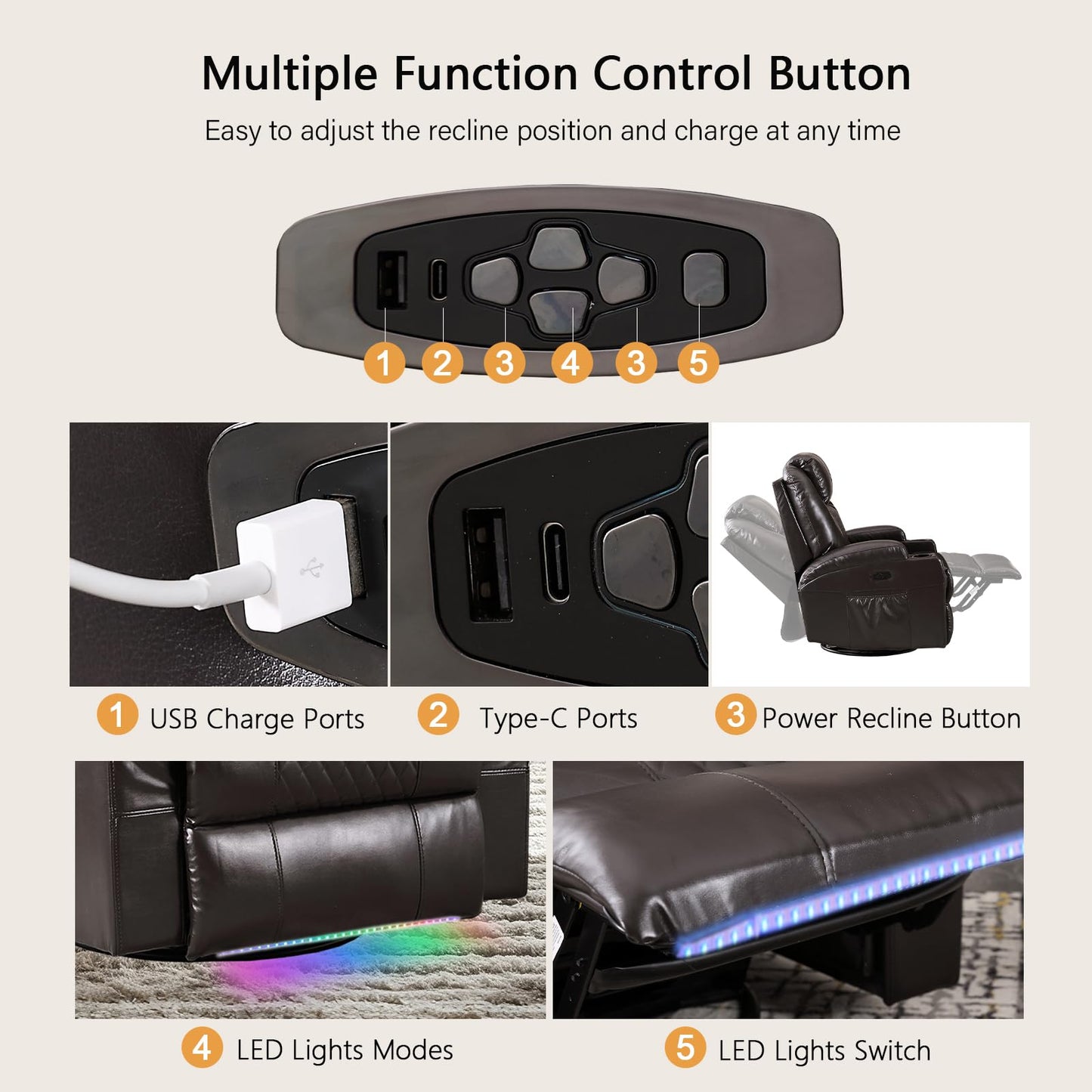 IBTKIG Power Swivel Rocker Recliner Chair with Massage and Heat/LED Lights/USB and Type-C Ports/Infinite Position/Cup Holder, Electric Glider Reclining Sofa for Nursery Living Room(2, Brown)