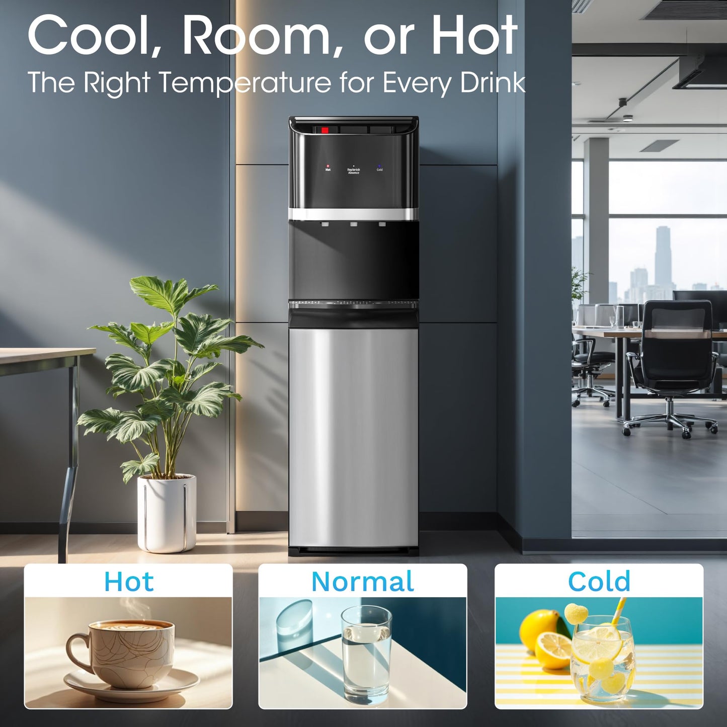 Manastin Bottom Loading Water Cooler Dispenser for 5 Gallon Bottles, Stainless Steel Water Cooler with 3 Temperature Settings - Hot, Cold & Room Water, Ideal Design for Home & Office, Jet Black