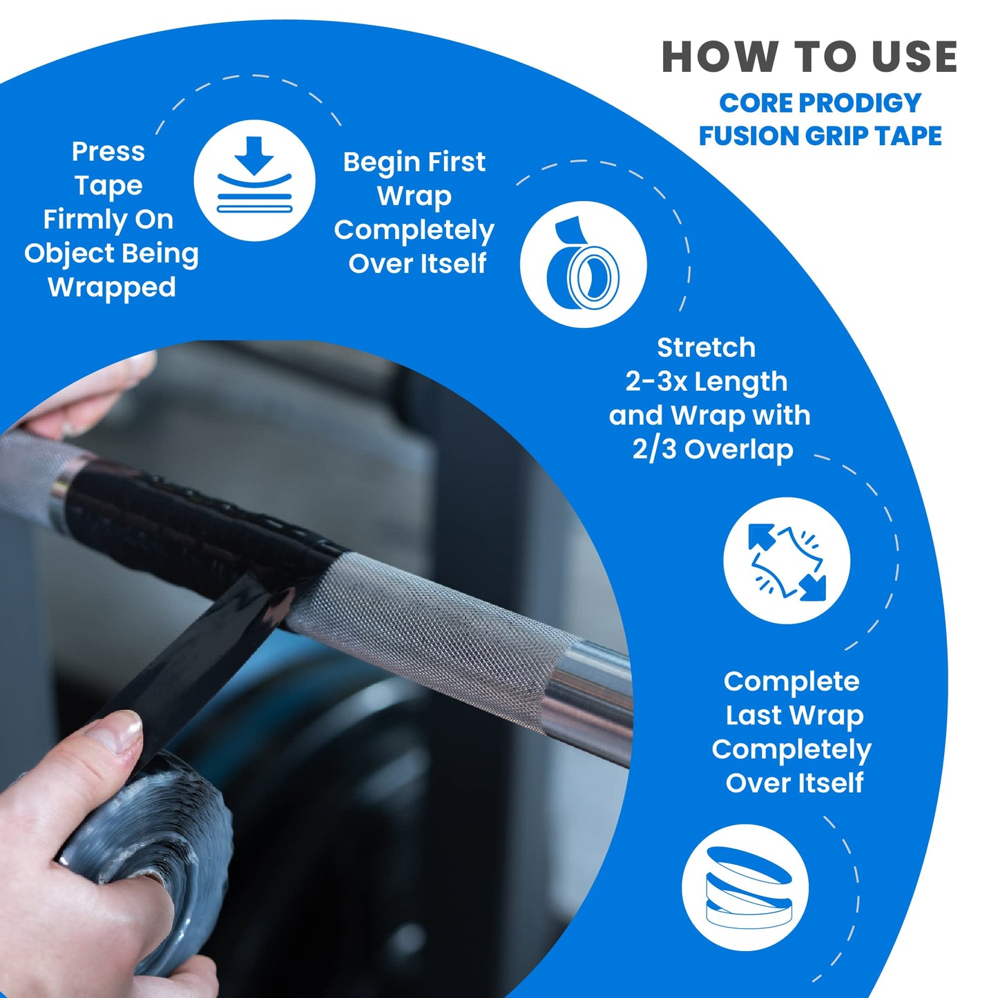 Core Prodigy Fusion Grip Tape - Silicone Rubber Wrap for Pull Up Bars, Barbells, Dumbbells, Sports and Gym Equipment, Weights and Tool Handles (36 Foot, Blue)