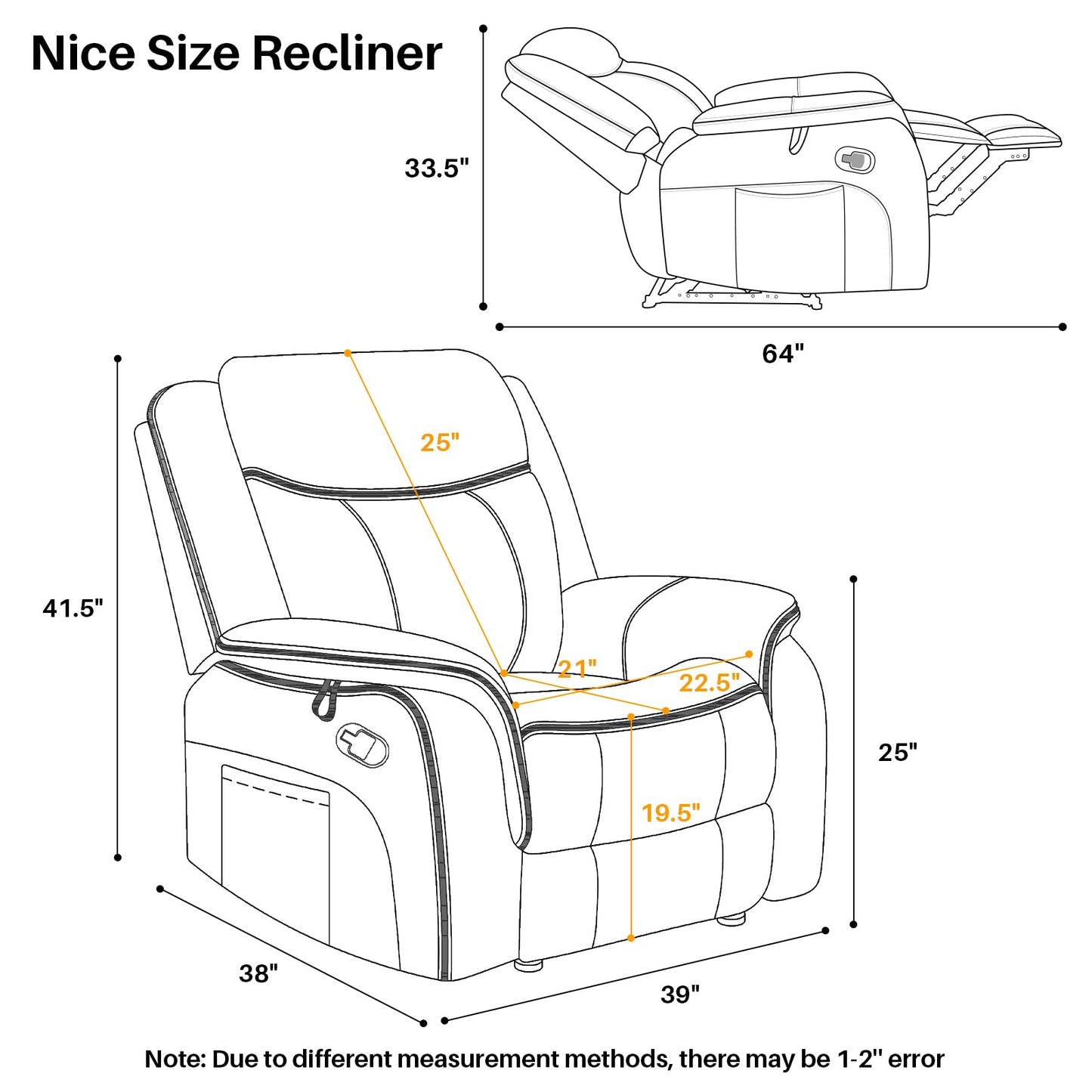 BAMCANFUR Massage Recliner Chair with Heated, Faux Leather Recliner Chairs for Adults, 39" Wide Manual Reclining Ergonomic Lounge Chair for Living Room with Overstuffed Backrest, Side Pocket, Grey