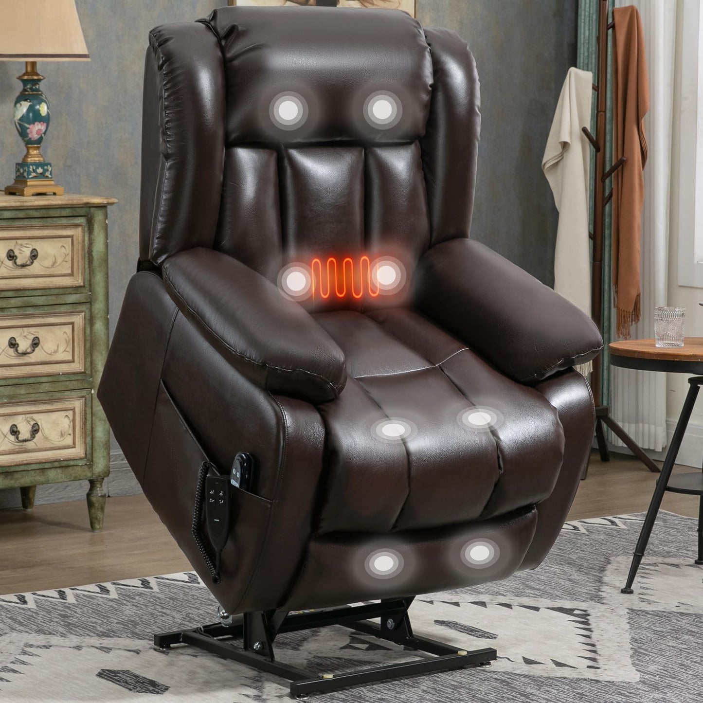 EZZUP Dual Motor Large Recliner with Massage and Heat, Power Lift Chairs for Elderly, Breathable Leather Recliner Chairs for Adults with 2 Remote Controls, Red Brown Big and Tall Recliner