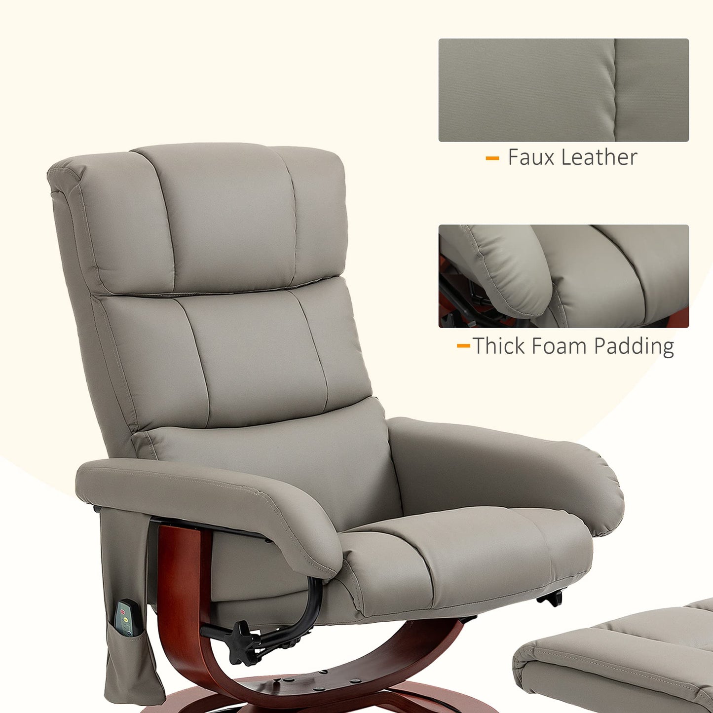 HOMCOM Massage Recliner Chair with Ottoman, Swivel Recliner and Footrest, Faux Leather Reclining Chair with Remote Control, 10 Vibration Point and Side Pocket, Gray