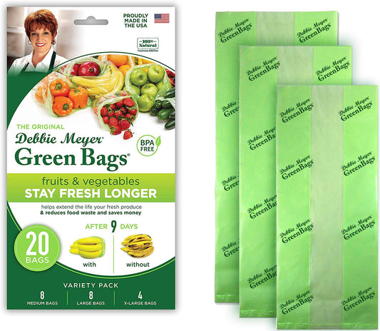 Debbie Meyer GreenBags 32-Pack (16M, 8L, 8XL) – Keeps Fruits, Vegetables, and Cut Flowers, Fresh Longer, Reusable, BPA Free, Made in USA