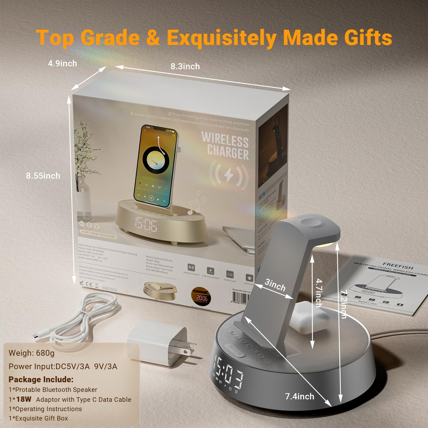 Alarm Clock Charging Station for Bedrooms, Wireless Charging Station with Dimmable Night Light Bluetooth Speaker, Mag-Safe Charger for iPhone 16 15 14 13 12 Pro Max, Apple Watch, AirPods Pro