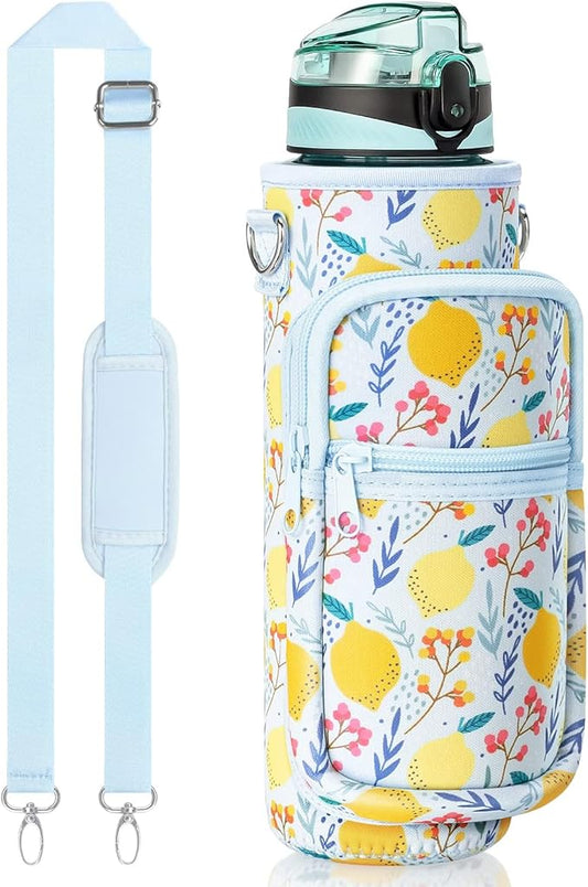 Fimibuke 32 oz Water Bottle with Sleeve - BPA Free Leakproof Sport Large 1L Plastic Motivational Water Bottle with Straw Strap & Insulated Neoprene Holder Carrier Bag Great Xmas Gift for Women Men