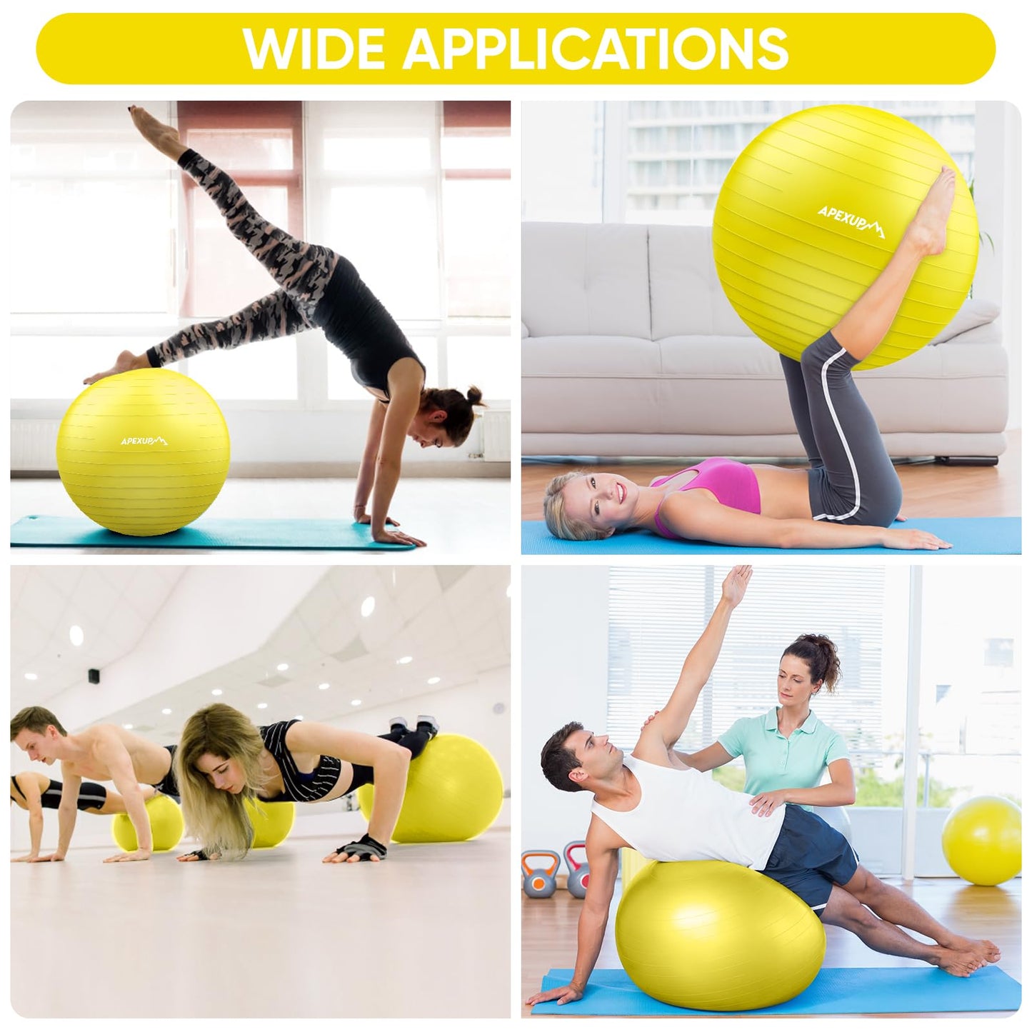 APEXUP Yoga Ball Exercise Ball, Anti Slip Stability Ball Chair, Heavy Duty Large Gym Ball for Fitness, Balance, Core Workout and Physical Therapy (S (15"~18") 45cm, Yellow)