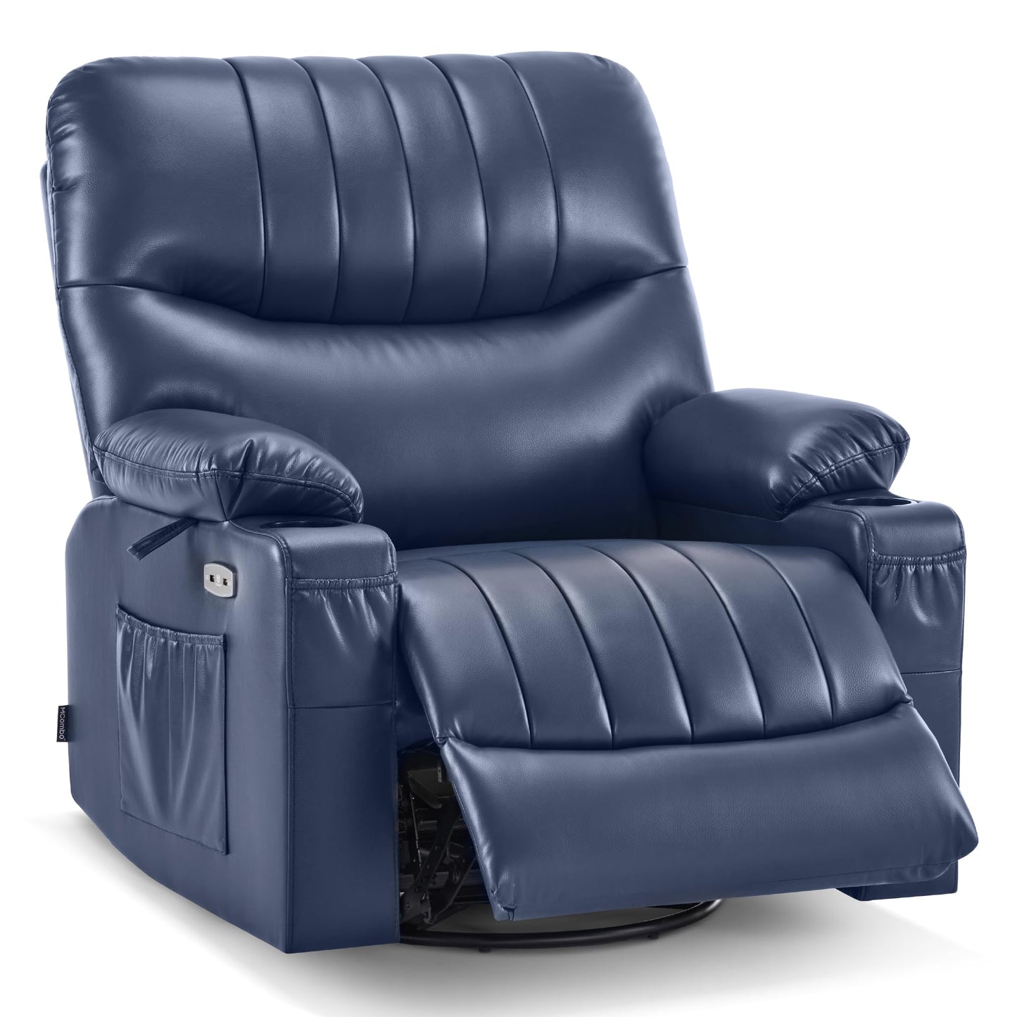 MCombo Power Swivel Glider Rocker Recliner Chair for Living Room with Vibration and Heat, USB Ports, Cup Holders and Pockets, Faux Leather 7785 (Navy Blue)