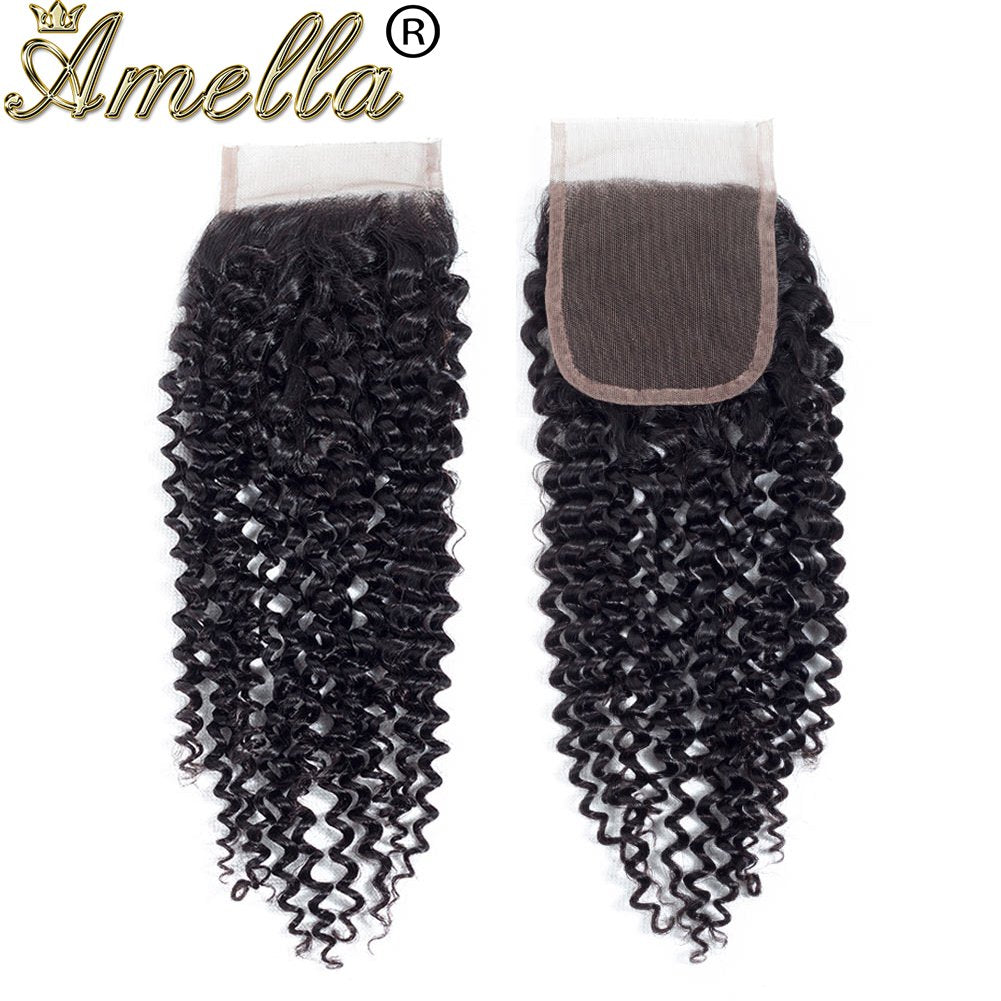 Amella Hair Brazilian Virgin Curly Hair Weave 3 Bundles with Lace Closure Free Part 4x4 8A 100% Unprocessed Brazilian Kinky Curly Hair Weave Bundles Natural Black Color (16 18 20+14inch)