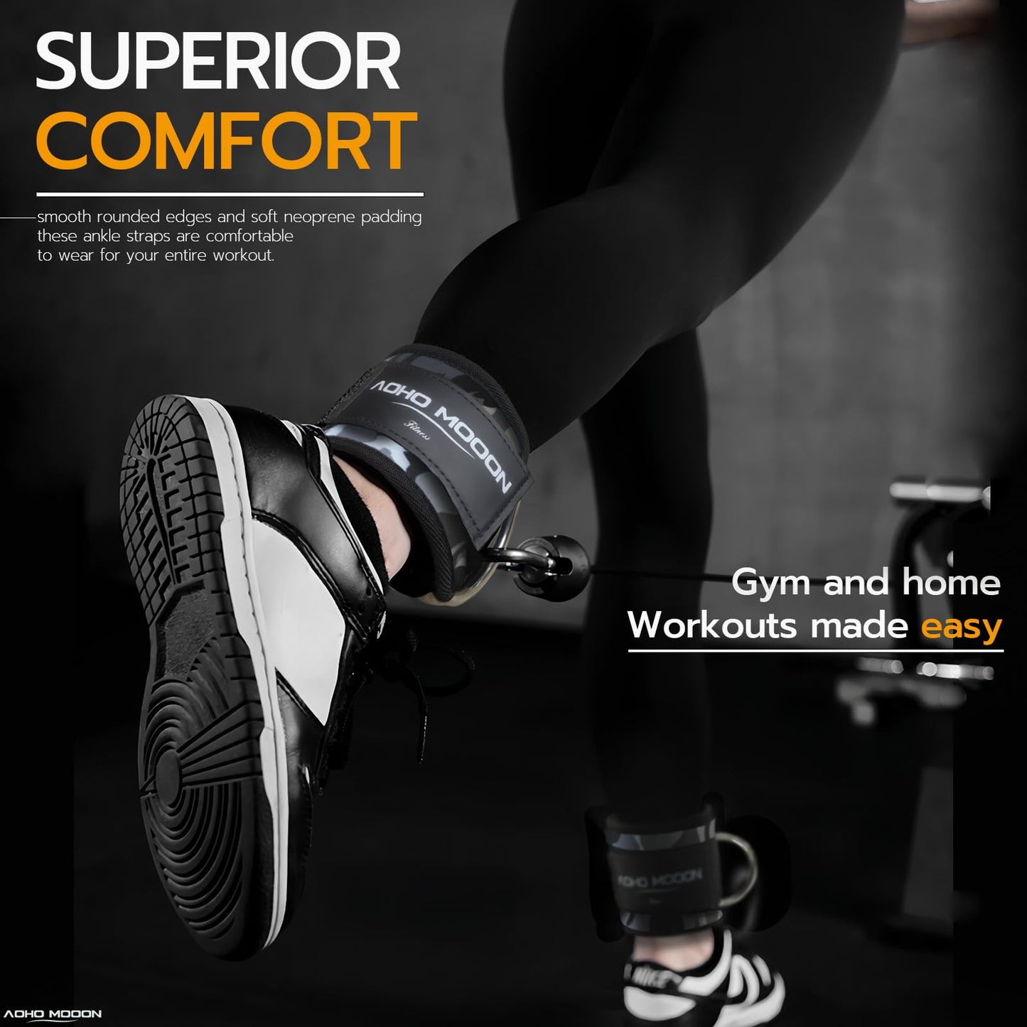 AOHO MOOON (Pair Comfortable Adjustable Ankle Straps for Cable Machines Women, Gym Workout Leg Straps, Ankle Cuffs for Glute Workouts, Foot Straps for Kickback, One Size Fit All with D Ring