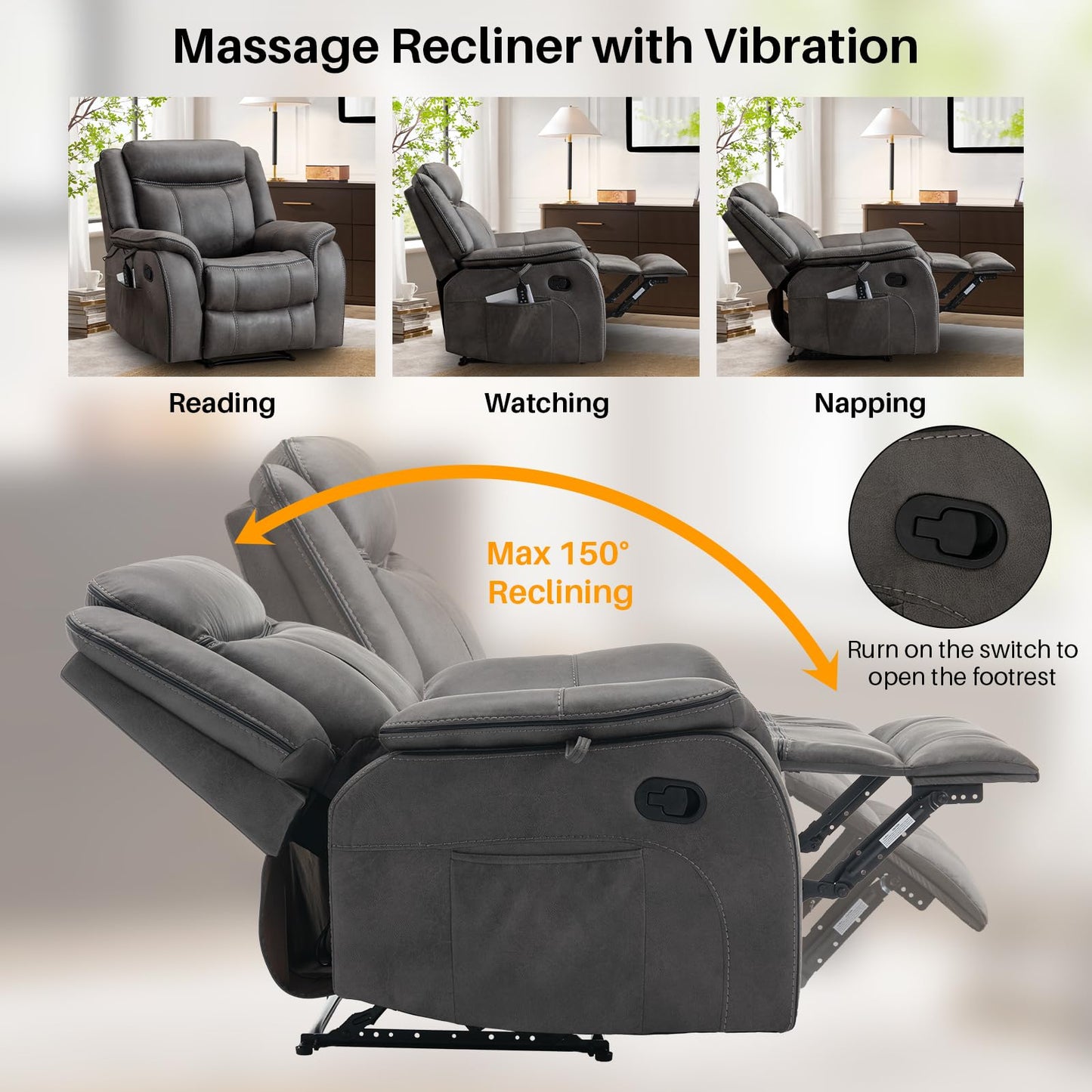 BAMCANFUR Massage Recliner Chair with Heated, Faux Leather Recliner Chairs for Adults, 39" Wide Manual Reclining Ergonomic Lounge Chair for Living Room with Overstuffed Backrest, Side Pocket, Grey