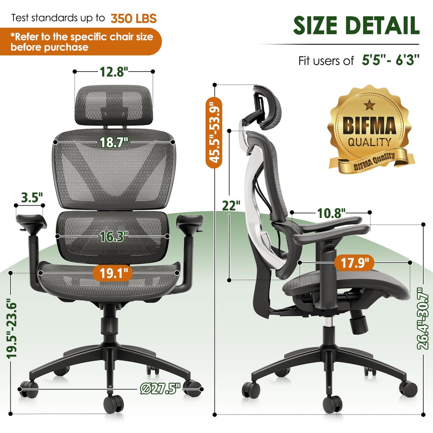 GABRYLLY Ergonomic Office Chair, Big and Tall Mesh Chair with Lumbar Support, 3D armrest - 215° Rotation, Adjustable Headrest & Soft Seat, Durable Desk Chair 350LBS for Work Gaming Computer,Grey