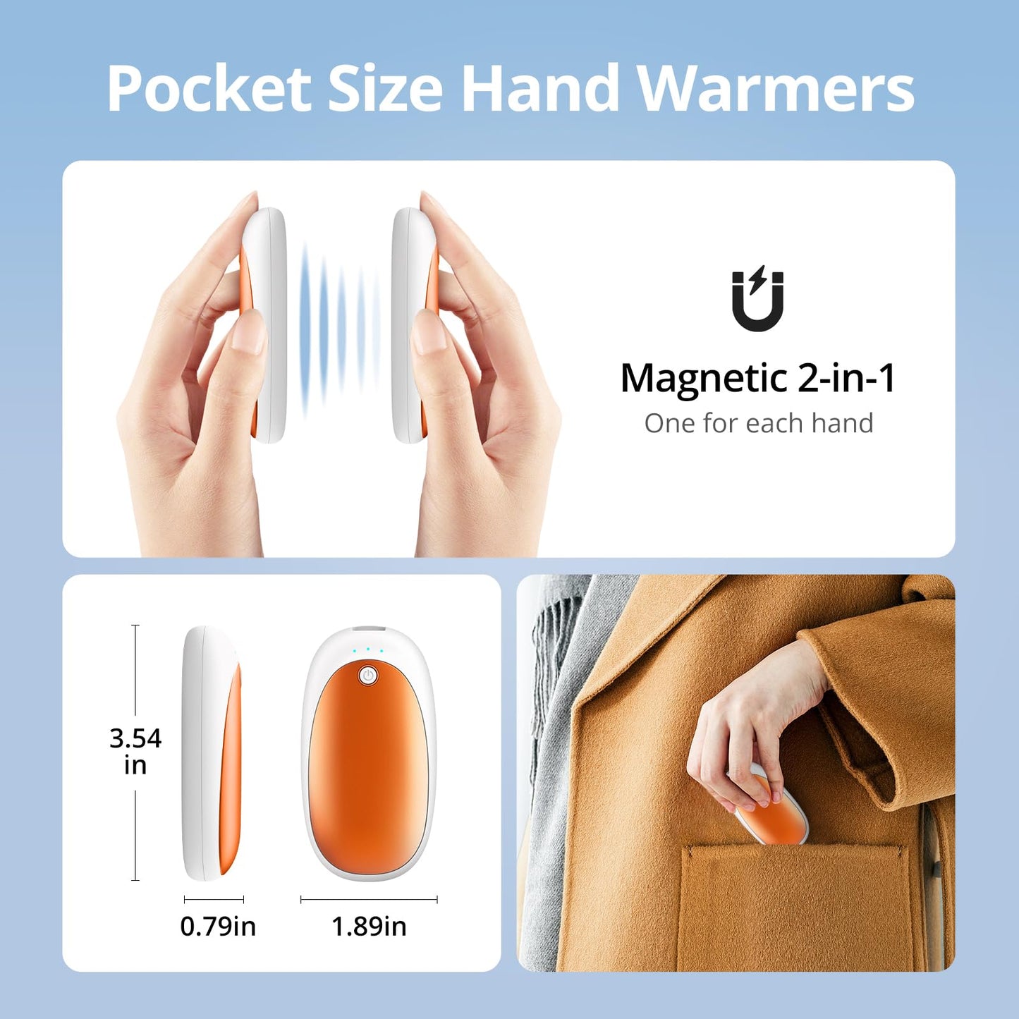 AI Hand Warmers Rechargeable 2 Pack,20H Heating Rechargeable Hand Warmer,6000mAh Portable Pocket Heater, Golf Accessories for Men, Camping Essentials, Gifts for Men, Women,Camping, Hunting, Fishing
