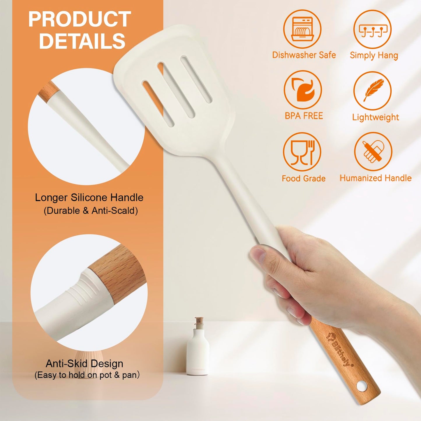 Silicone Cooking Utensils Set, 6 Pack Large Kitchen Utensils Set with Wooden Handle, Heat Resistant Silicone Utensil Spatula Set for Nonstick Cookware, Spatula, Turner, Spoon, Ladle BPA Free (White)