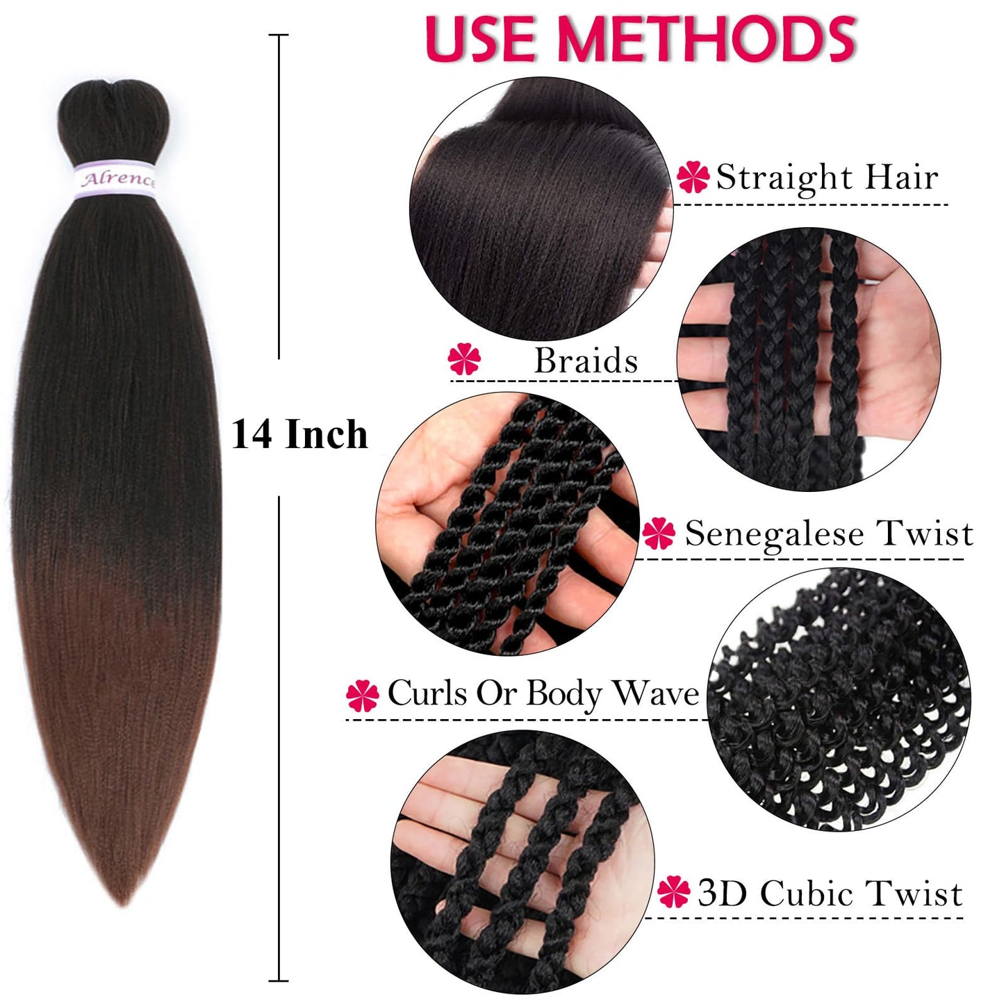 Alrence Pre Stretched Braiding Hair Long Braid 14 Inch 8 Packs Professional Braiding Hair Extensions Synthetic Crochet Twist Braids (14 Inch, T1B/30)