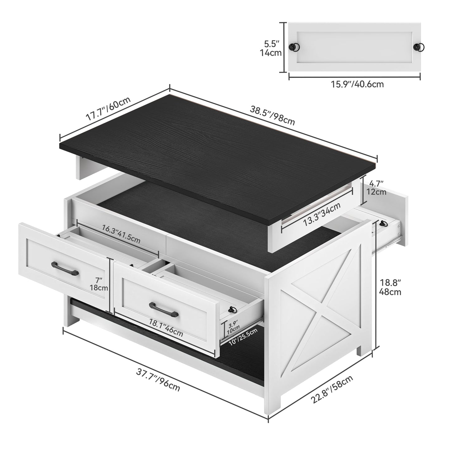 DWVO Farmhouse Living Room Coffee Table: 3-in-1 Game & Puzzle Table with Play Mat, 4 Drawers, Power Outlet, Removable Top Black