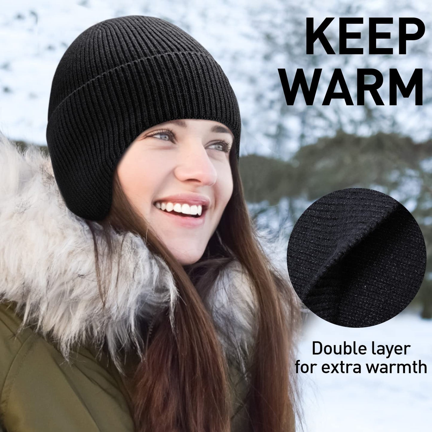 Arcweg Warm Beanies for Men Women Winter Kint Beanis Hats Thermal Skull Cap Bike Helmet Liner Ears Warmers Cycling Running Caps with Ear Flaps Cozy Slouchy Unisex Outdoor