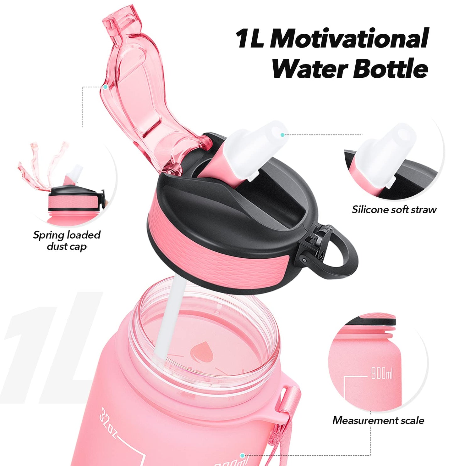 MEITAGIE 1 litre Motivational Fitness Sport Water Bottle with Straw & Time Maker, Leak-proof, BPA-free, Tritan, Toxin Free Plastic Drink Bottle Design for Girls, Boy, Cycling, School & Office