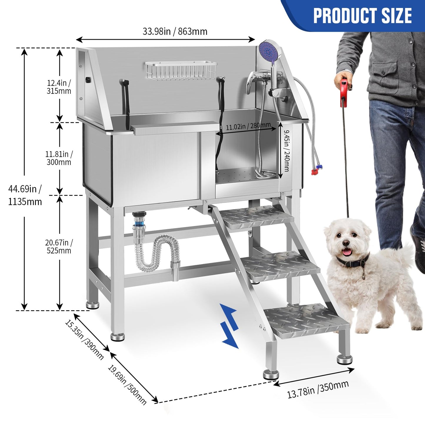 OLIPIC Stainless Steel Dog Washing Station for Large Dogs, Dog Grooming Tub for Home, Professional Dog Bathtub Bathing Station, Pet Wash Station, Dog Shower Tub with Stairs, Drain & Door,34" R-RAMP