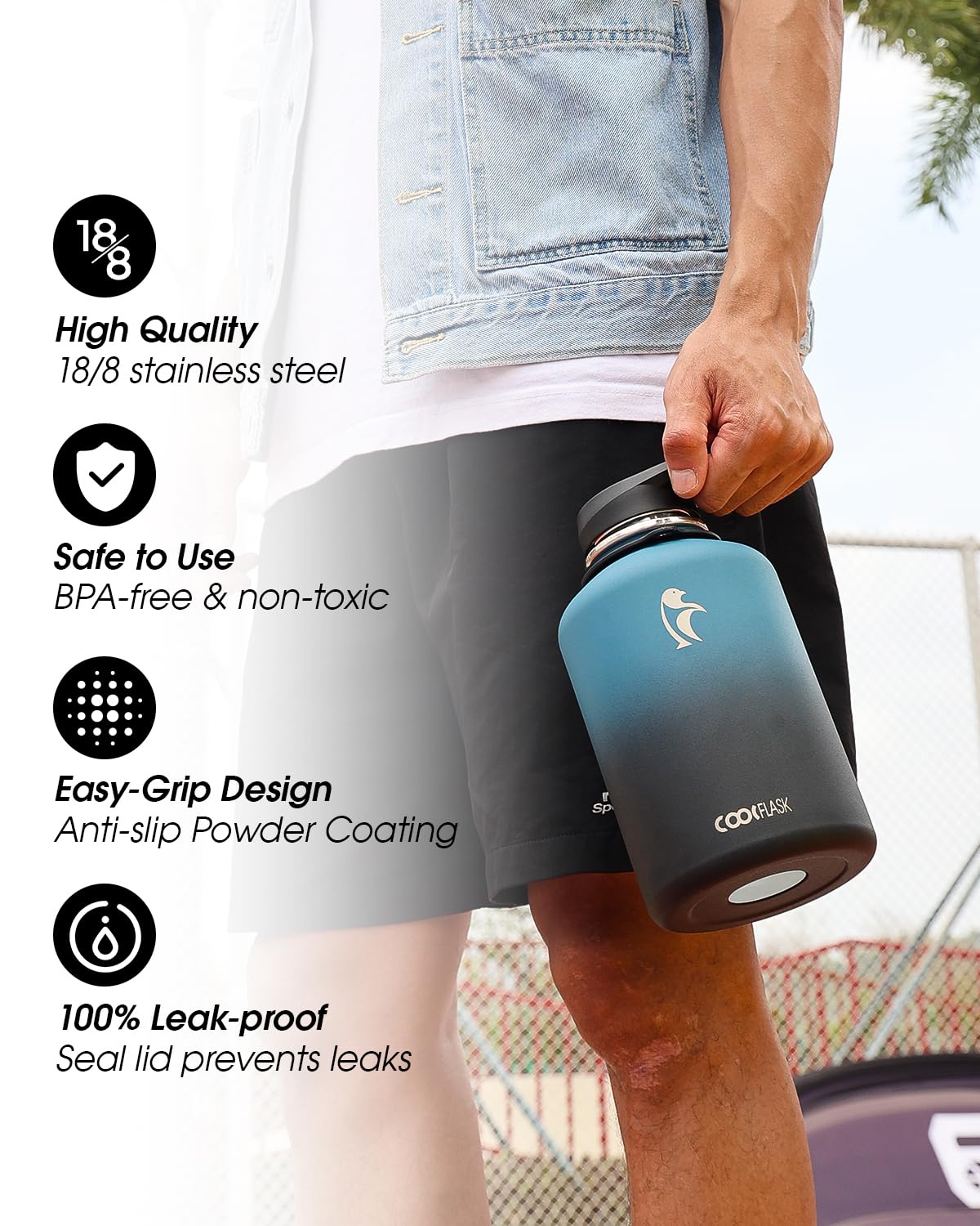 Coolflask 64 oz Water Bottle Insulated with Strap, Half Gallon Water Jug Stainless Steel with Straw & Spout Lids, Metal Large Water Flask, Keep Cold 48h Hot 24h, Leak Proof & Non-BPA, Prussian Blue