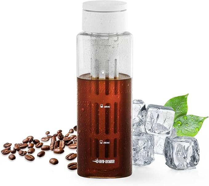 MHW-3BOMBER Cold Brew Coffee Maker Iced Coffee Tea Pitcher - 20oz Portable Brewing Coffee Cup with Filter - Reusable Tritan Material Bottle, Space-Saving Design, White CE6136-OS