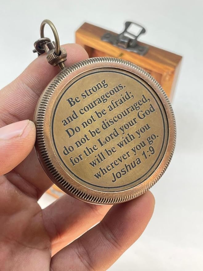 Antique Brass Compass Gift, Pocket Sundial Compass with Engraved Quote Be Strong and Courageous Perfect Compass Gifts for Men, Vintage Nautical Compass