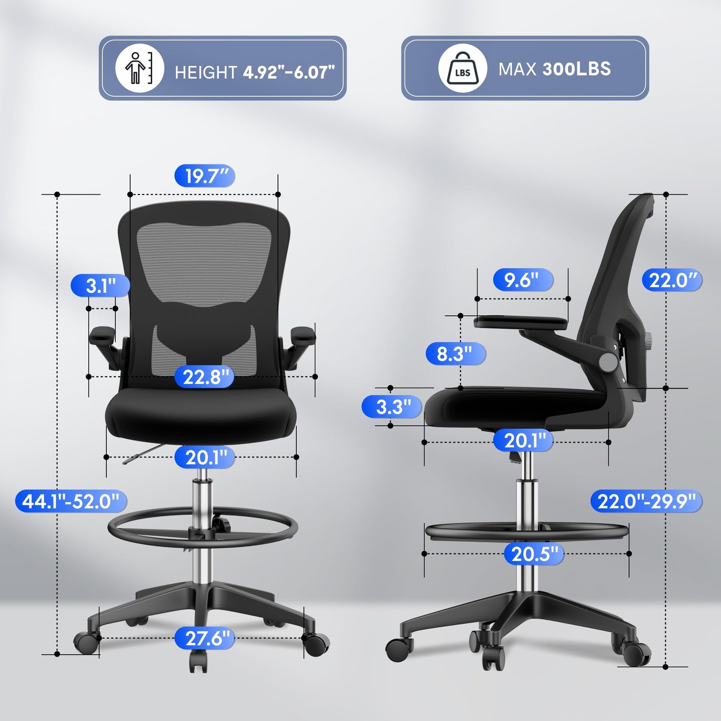 FLEXISPOT Upgraded Drafting Chair Tall Office Chair with 2D Lumbar,3D Flip-up Armrest,Standing Desk Chair with Breathable Mesh Adjustable Foot Ring Stool BIFMA Certified for Home Office,Drawing,Black