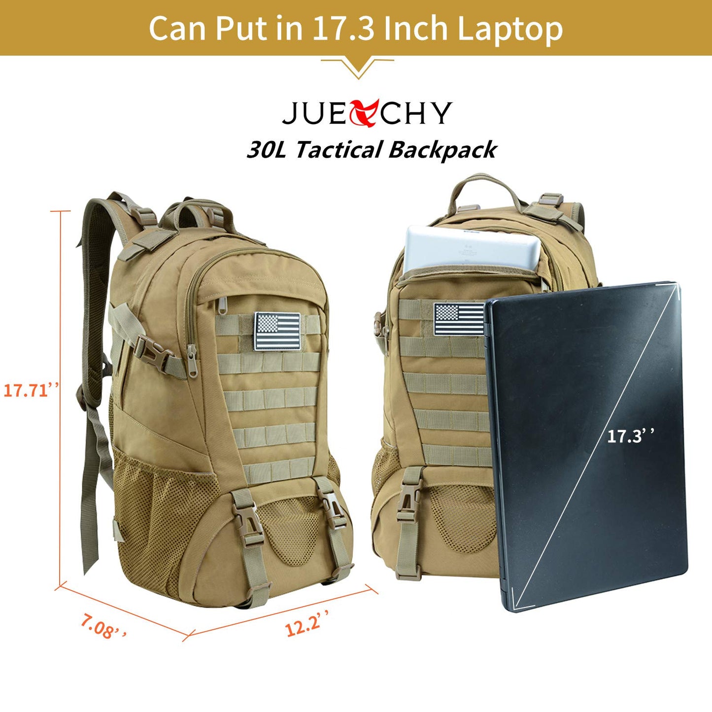Jueachy Tactical Backpack for Men Hiking Day Pack Molle Military Rucksack Waterproof 30L EDC Bag with USA Flag Patch TAN Style