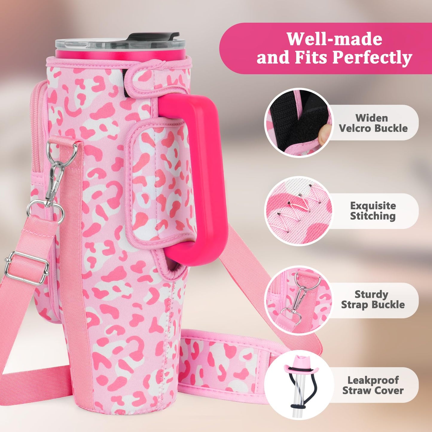 Water Bottle Carrier Bag with Phone Pocket and 2 Straw Covers Compatible with Stanley/Meoky/BrüMate 40 oz Tumbler with Handle,Water Bottle Holder with Adjustable Strap Fits for Stanley Cup Accessories