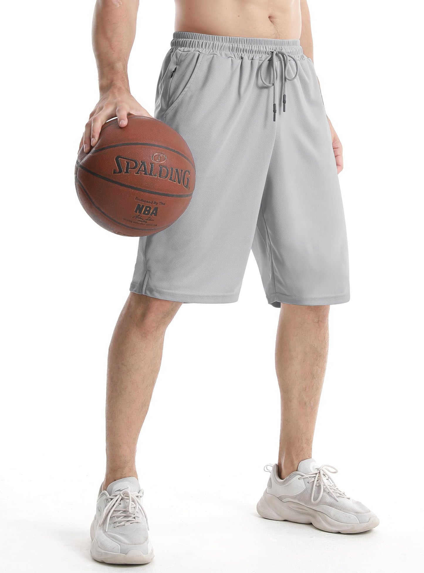 Aolesy Men's Athletic Shorts 10 inch Long Basketball Shorts Quick Dry Gym Workout Shorts with Zipper Pockets Casual Sport Shorts Light Grey