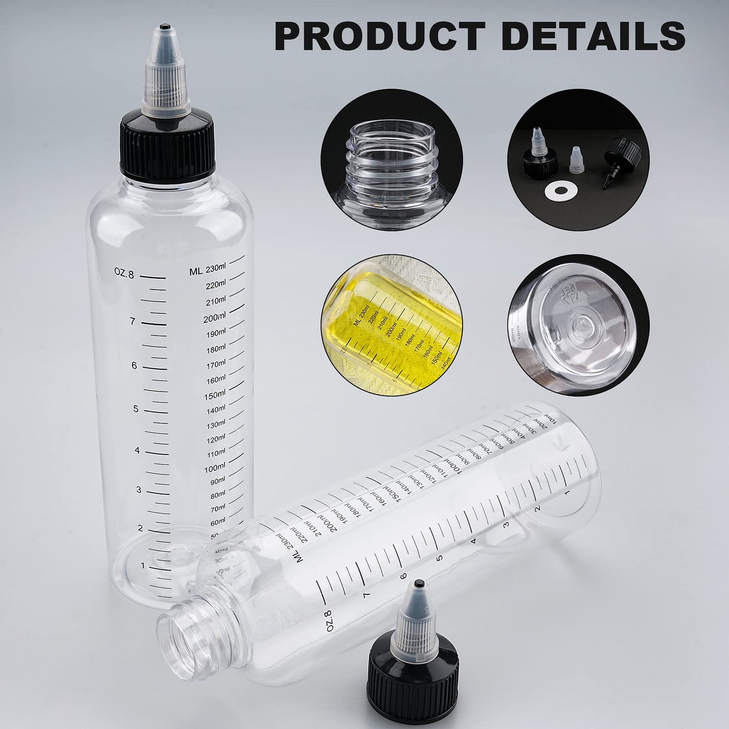 Cosywell Applicator Bottle for Hair Dye 8.5oz 2 Pack With Graduated Scale, Twist-On Top Tip Cap, Empty Plastic Color Oil Squeeze Bottles