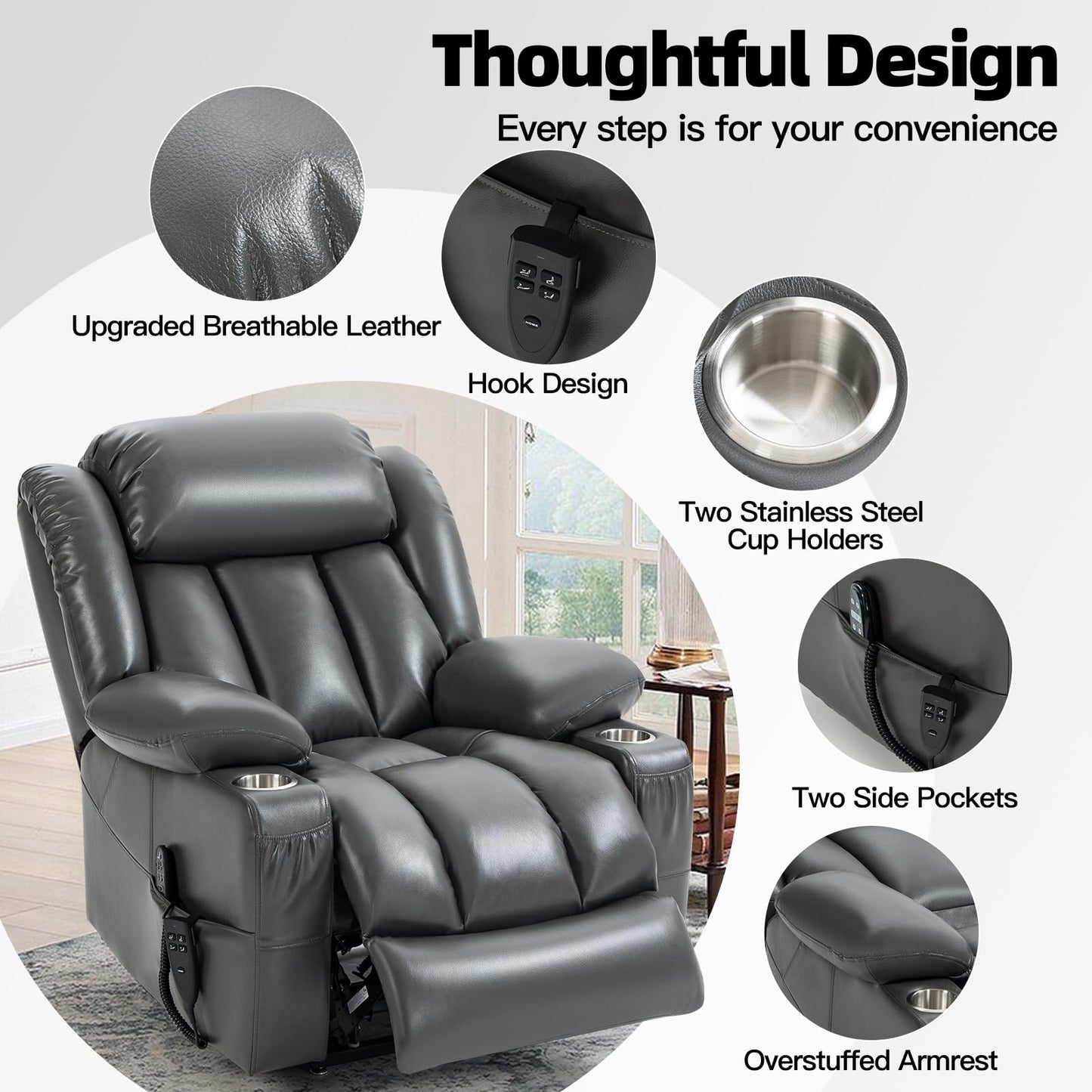 EZZUP Lay Flat Lift Recliner Chair with Massage & Heat for Elderly People, Electric Power Lift Chair w/Dual Motor, 2 Stainless Steel Cup Holders and 2 Remote Controls, Breathable Leather Grey